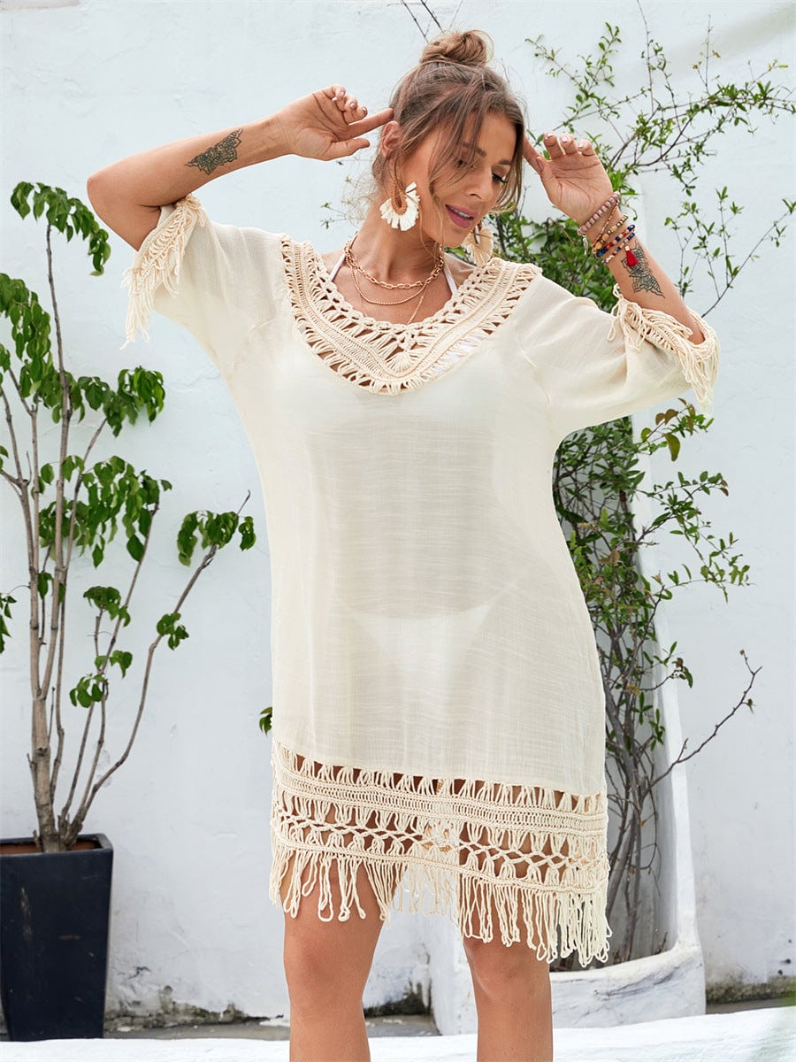 Women’s Long Hand-Crocheted Beach Dress Elegant Summer Cover-Up