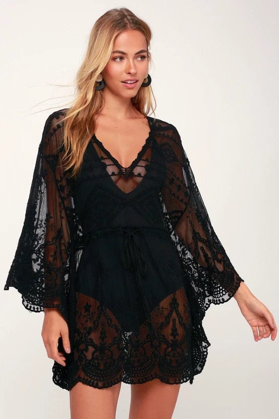 Lace Hollow Bikini Set with Sheer Blouse Cover-Up Women’s Beach & Poolside Swimwear