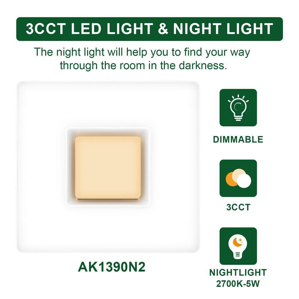 Akicon AK1390N2-B 1390N2 Series Decorative Black Fan Speed 90 CFM Ceiling Bathroom Exhaust Fan with 18-Watt Dimmable 3CCT LED Light Square - Image 9