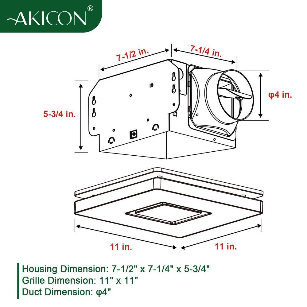 Akicon AK1390N2-W 1390N2 Series Decorative White Fan Speed 90 CFM Ceiling Bathroom Exhaust Fan with 18-Watt Dimmable 3CCT LED Light Square - Image 4