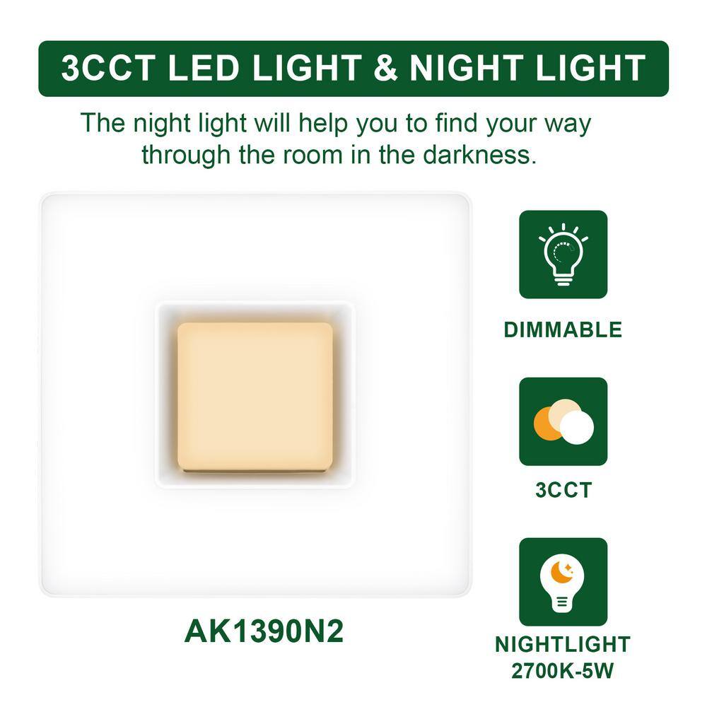 Akicon AK1390N2-W 1390N2 Series Decorative White Fan Speed 90 CFM Ceiling Bathroom Exhaust Fan with 18-Watt Dimmable 3CCT LED Light Square - Image 9