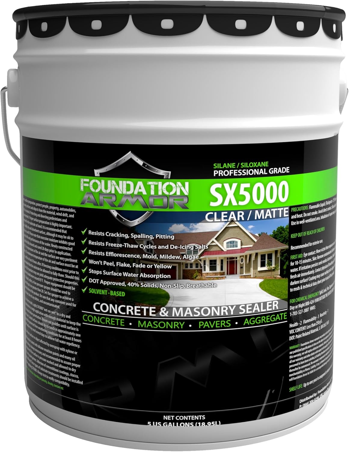 Armor SX5000 Solvent-Based Silane-Siloxane Sealer for Concrete, Brick, Pavers, Stone – Matte Concrete Sealer – 5 Gallon