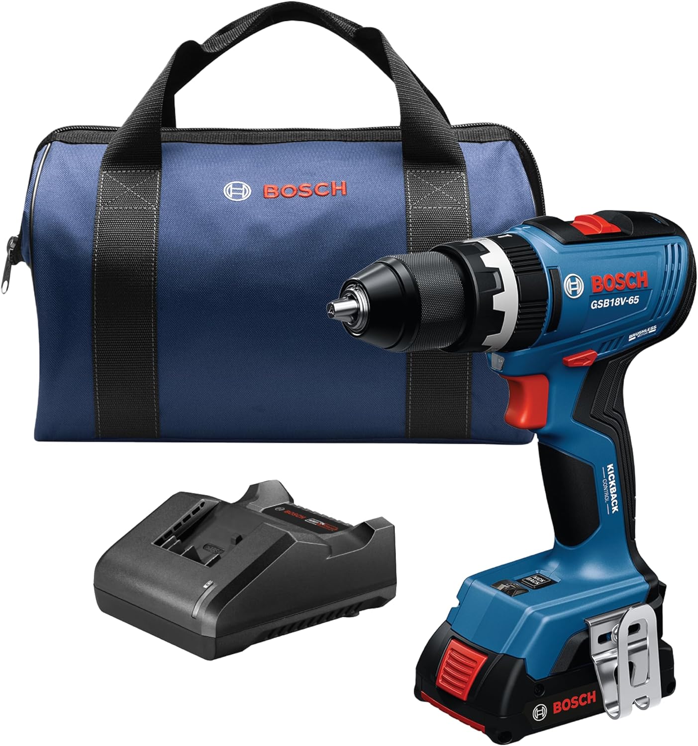 BOSCH GSB18V-65B12 1/2 In. Brushless Hammer Drill/Driver Kit – 575 In.-Lbs. Max Torque, Switchable KickBack Control, Rapid Mode Selector, Dual LED Worklights, Battery and Charger Kit Included