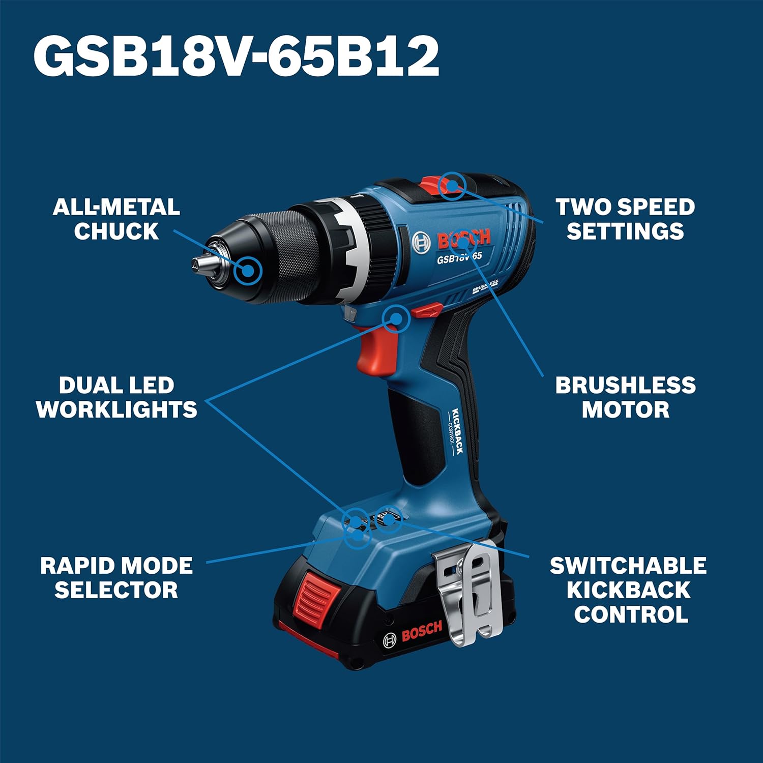 BOSCH GSB18V-65B12 1/2 In. Brushless Hammer Drill/Driver Kit – 575 In.-Lbs. Max Torque, Switchable KickBack Control, Rapid Mode Selector, Dual LED Worklights, Battery and Charger Kit Included - Image 2