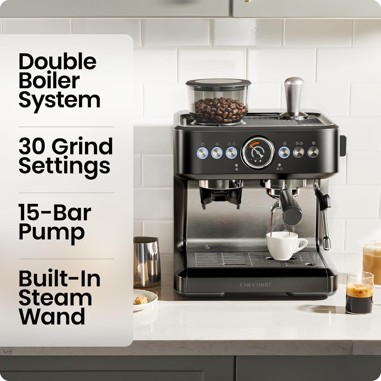 Chefman RJ54-G-SS-D-BLK Crema Deluxe Espresso Machine with Double Boiler, Use Milk Frother - Image 2