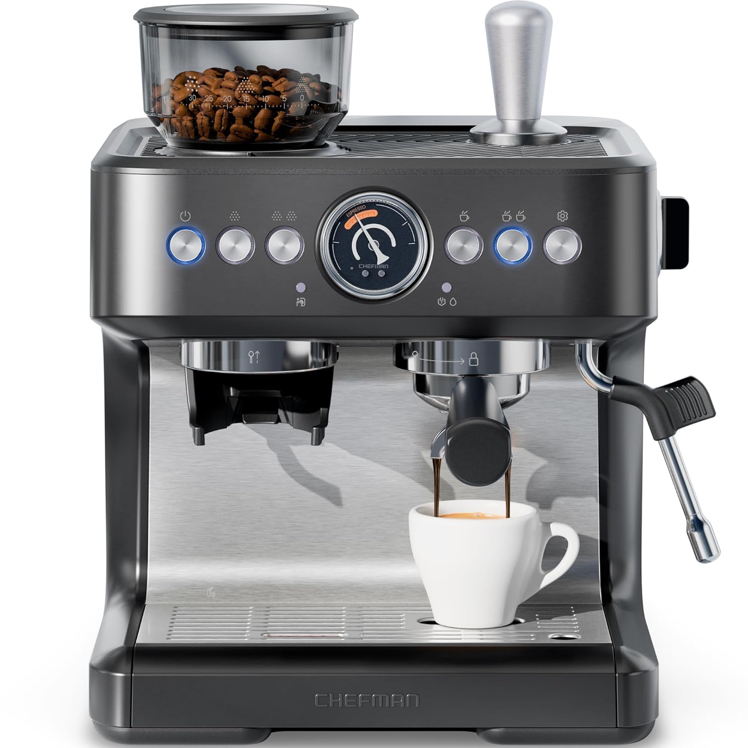 Chefman RJ54-G-SS-D-BLK Crema Deluxe Espresso Machine with Double Boiler, Use Milk Frother