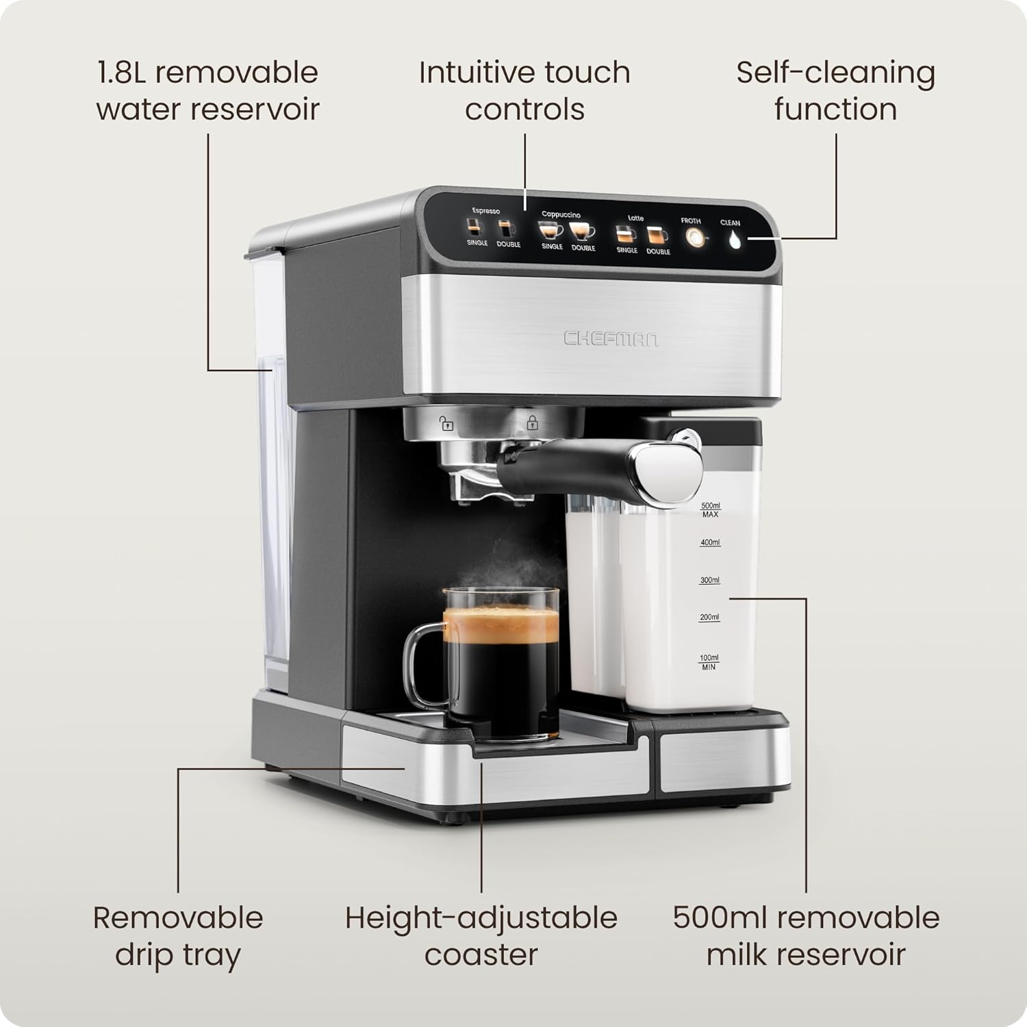 Chefman RJ54-I-SV-AM CaféMaster Pro Espresso Machine, Brew Single or Double Shots, Coffee Maker - Image 4