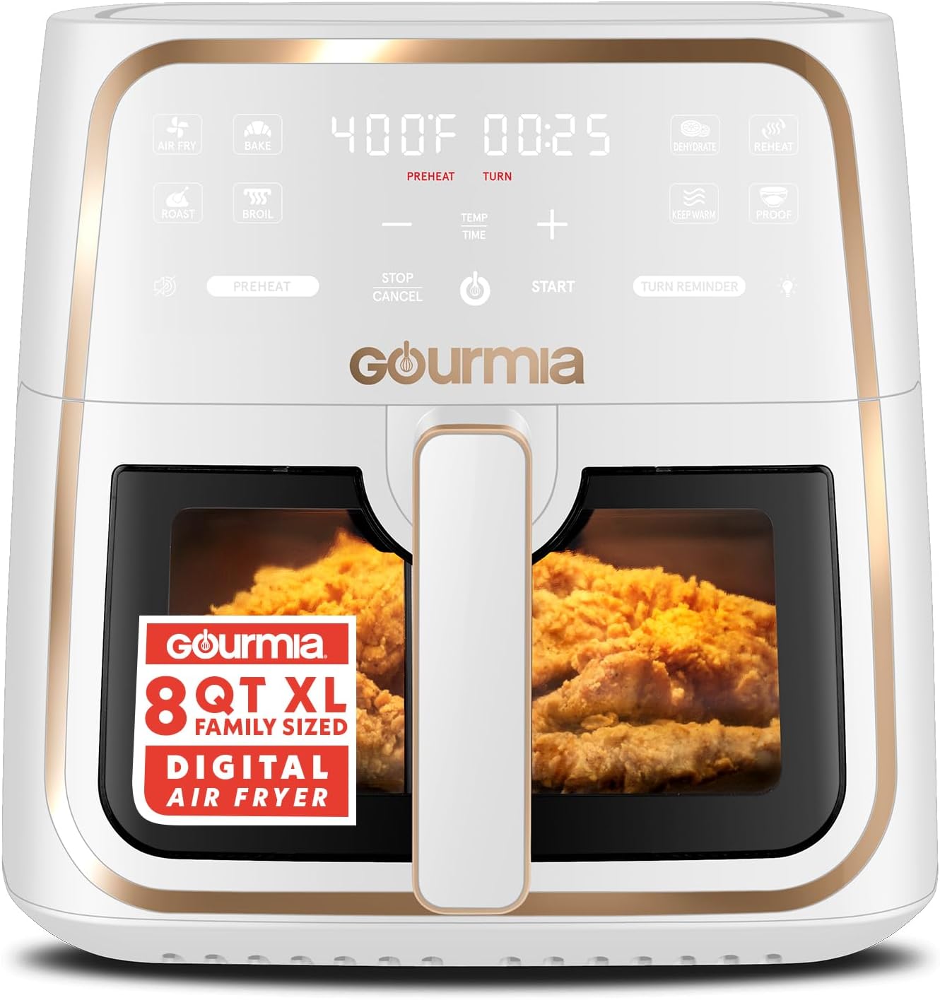 Gourmia 8 Qt Air Fryer, 8 Presets with Digital Display, FryForce 360° Technology, White