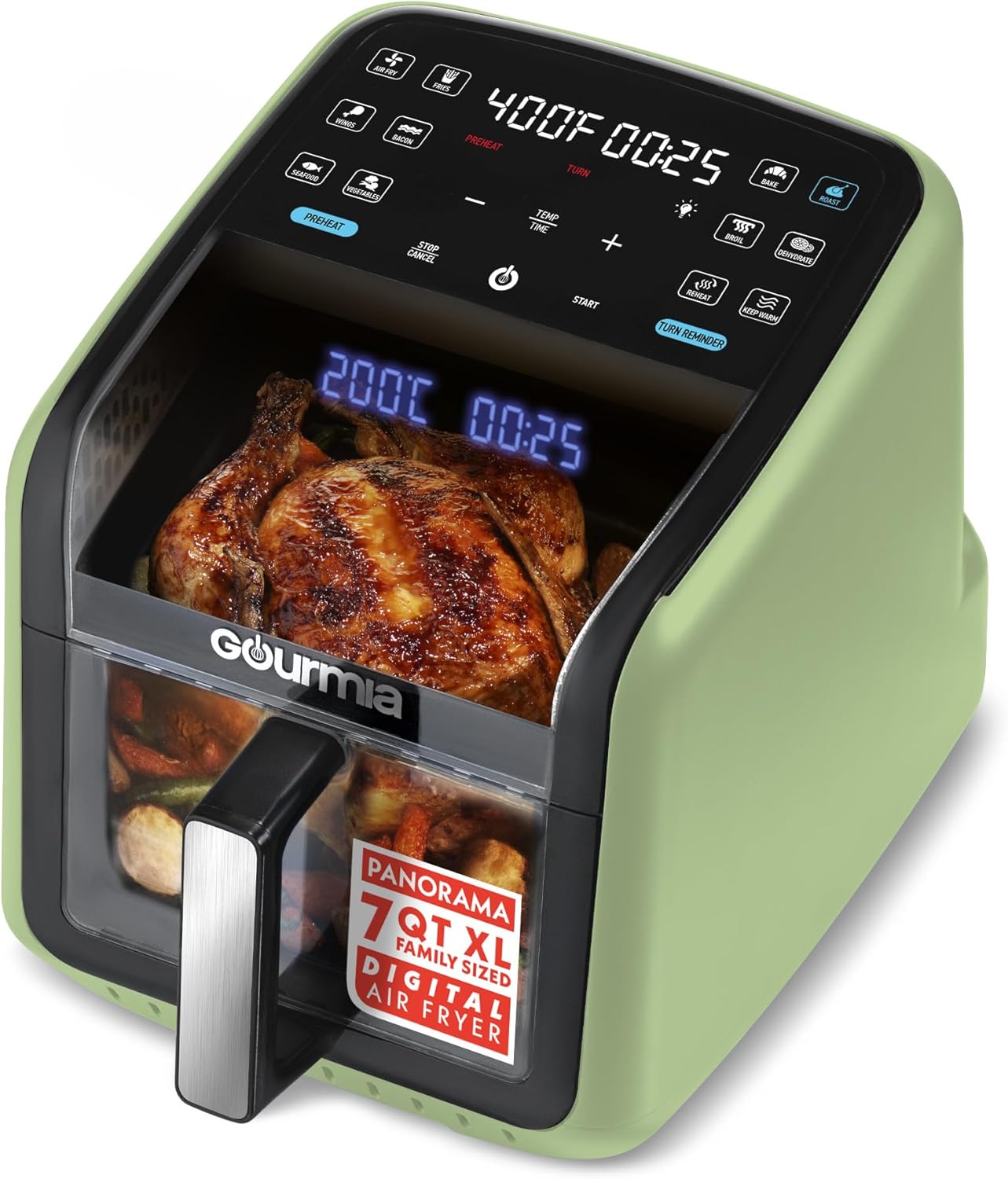 Gourmia GAF7020G Air Fryer 7 QT – Easy View Panoramic Window & Interior Light, Guided Cooking, Green