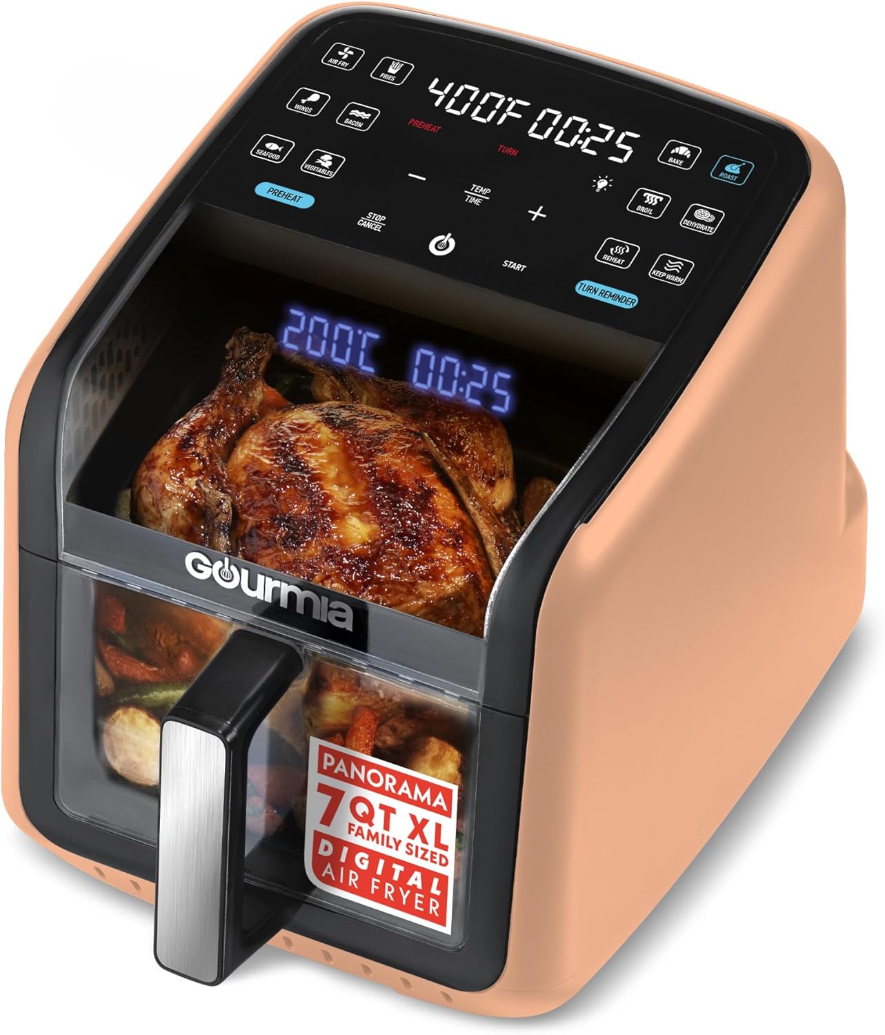 Gourmia GAF7020P Air Fryer 7 QT – Easy View Panoramic Window & Interior Light, Guided Cooking, Peach