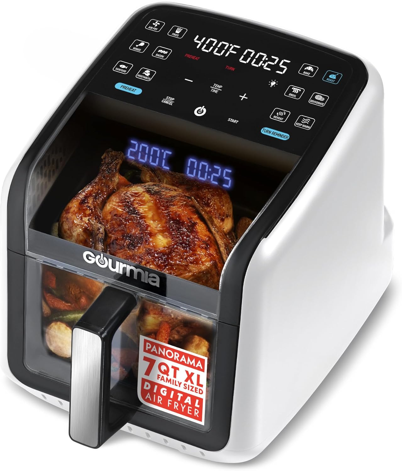 Gourmia GAF7020W Air Fryer 7 QT – Easy View Panoramic Window & Interior Light, Guided Cooking, White
