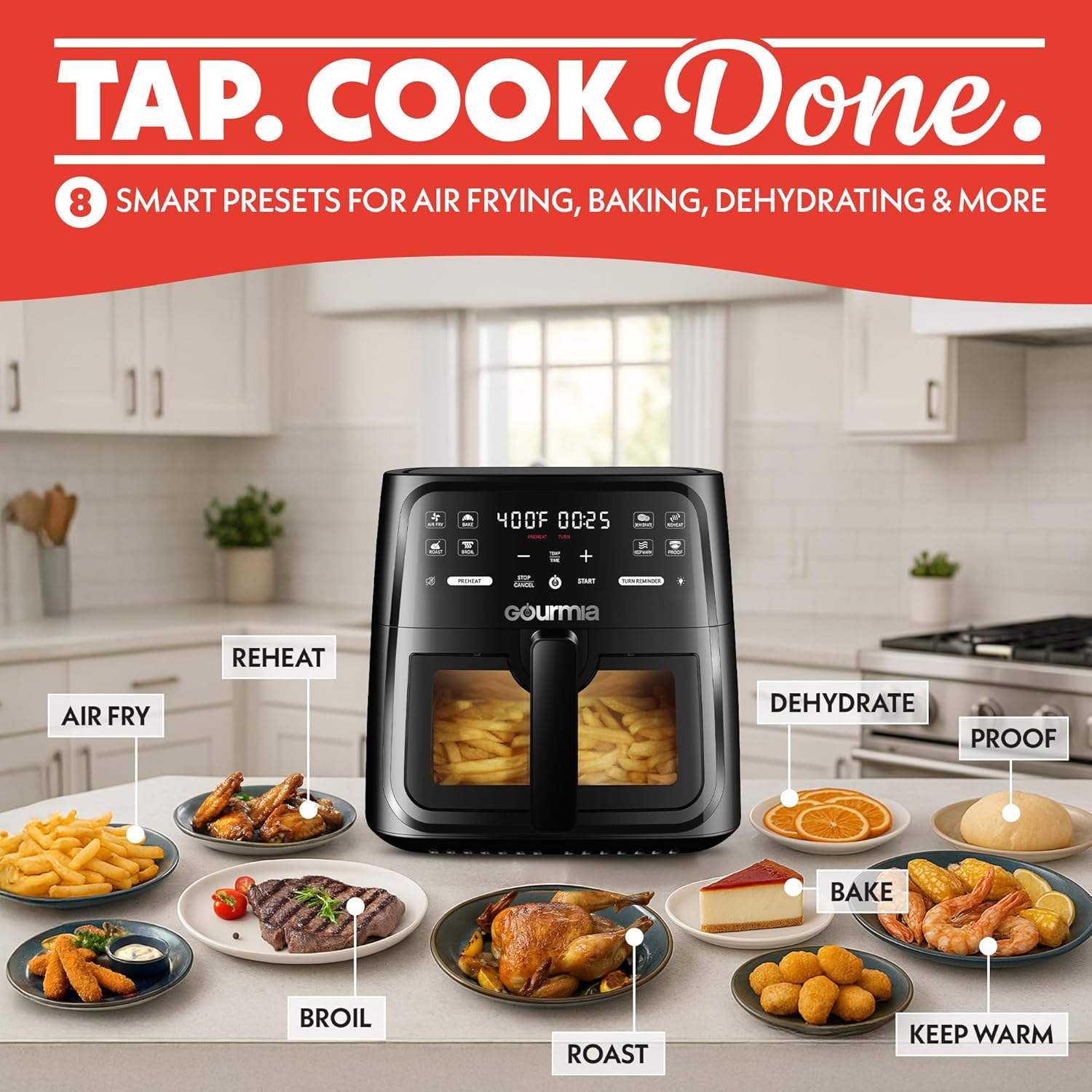 Gourmia GAF823B 8 Qt Air Fryer, 8 Presets with Digital Display, FryForce 360° Technology, Easy View Window & Interior Light, Black - Image 2