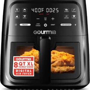 Gourmia GAF823B 8 Qt Air Fryer, 8 Presets with Digital Display, FryForce 360° Technology, Easy View Window & Interior Light, Black
