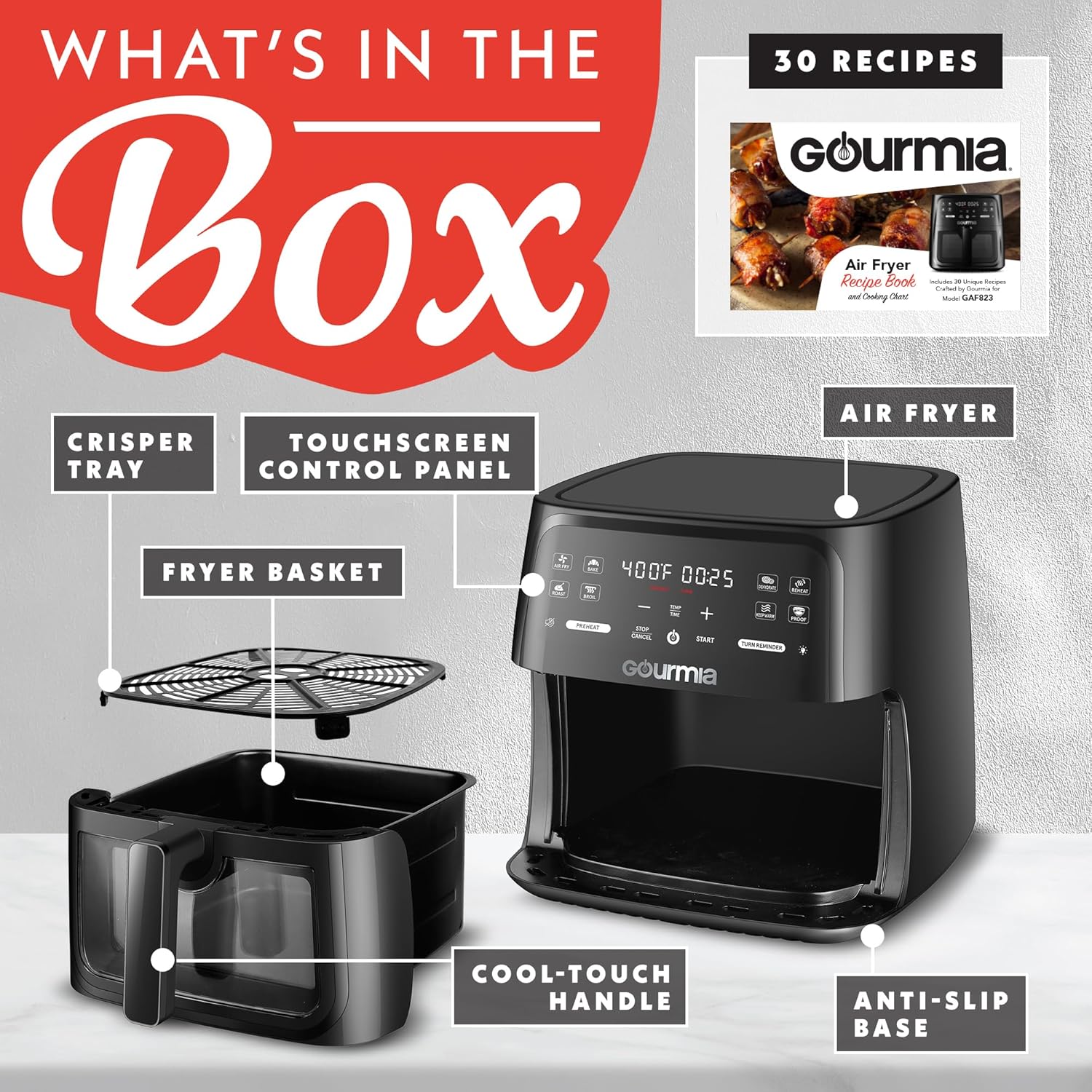 Gourmia GAF823B 8 Qt Air Fryer, 8 Presets with Digital Display, FryForce 360° Technology, Easy View Window & Interior Light, Black - Image 6