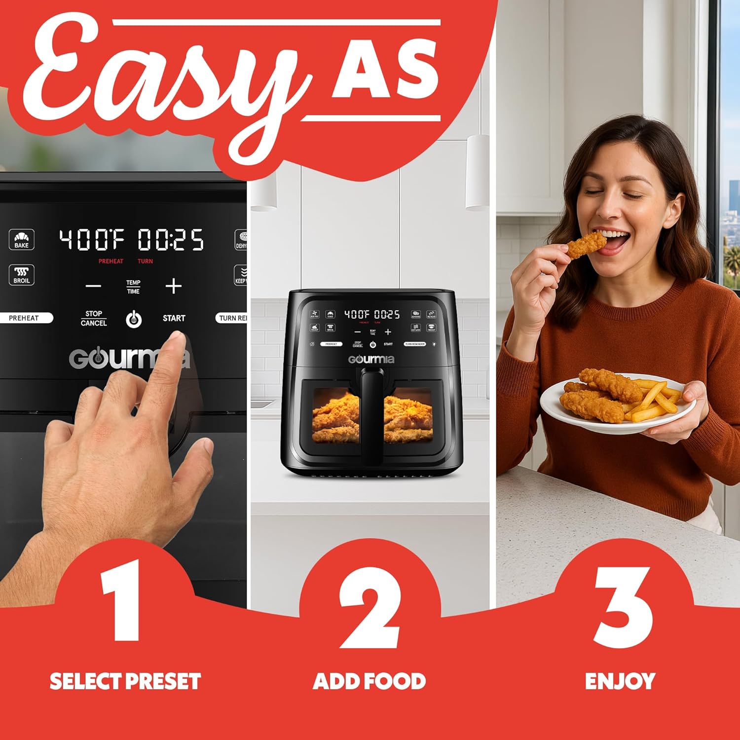 Gourmia GAF823B 8 Qt Air Fryer, 8 Presets with Digital Display, FryForce 360° Technology, Easy View Window & Interior Light, Black - Image 3