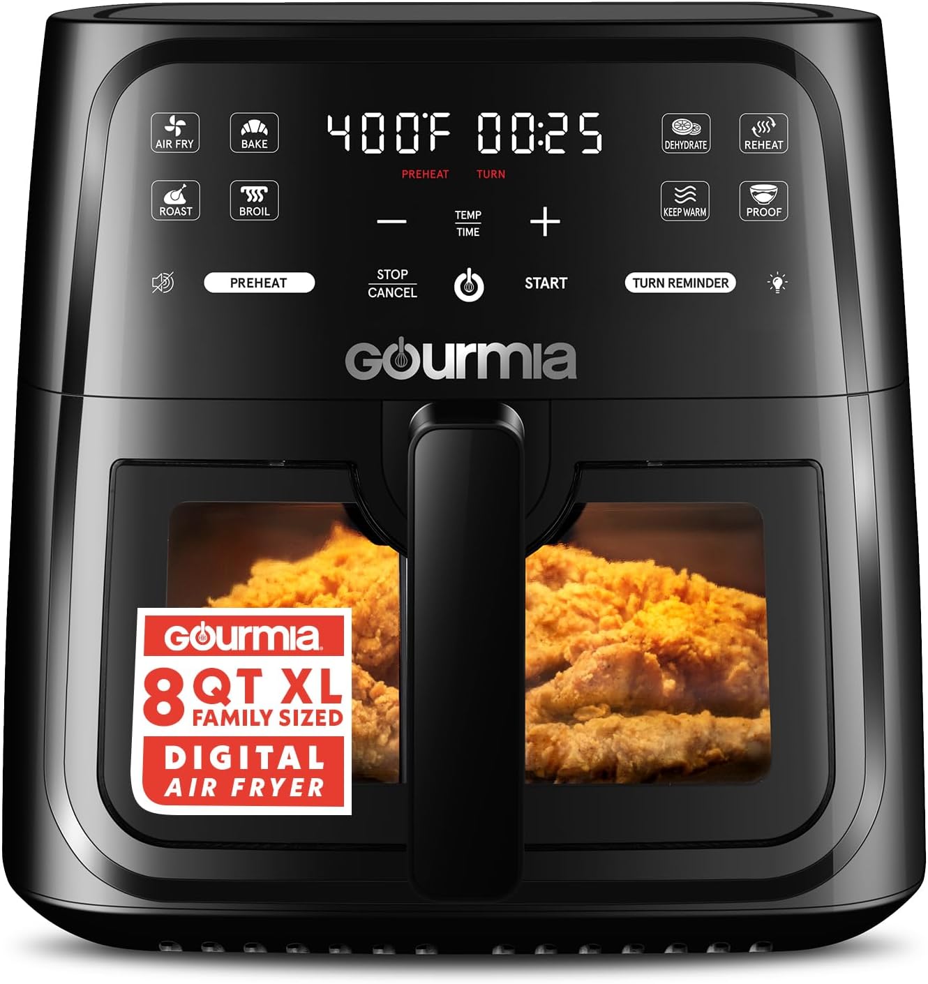 Gourmia GAF823B 8 Qt Air Fryer, 8 Presets with Digital Display, FryForce 360° Technology, Easy View Window & Interior Light, Black