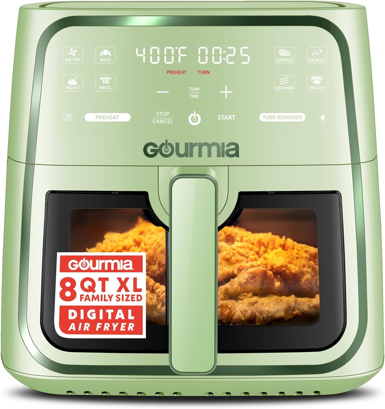 Gourmia GAF823G 8 Qt Air Fryer, 8 Presets with Digital Display, FryForce 360° Technology, Green