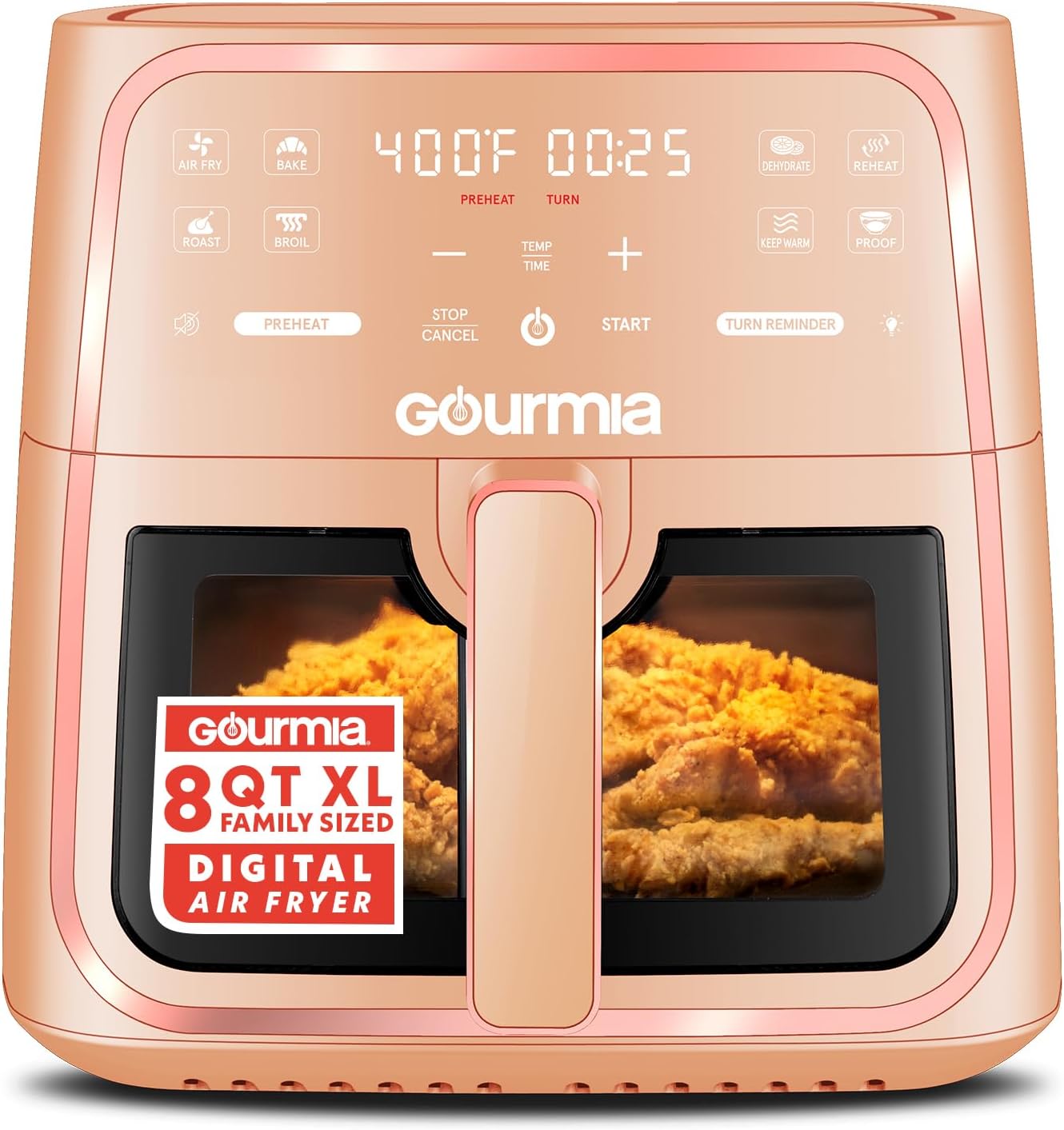 Gourmia GAF823P 8 Qt Air Fryer, 8 Presets with Digital Display, FryForce 360° Technology, Peach
