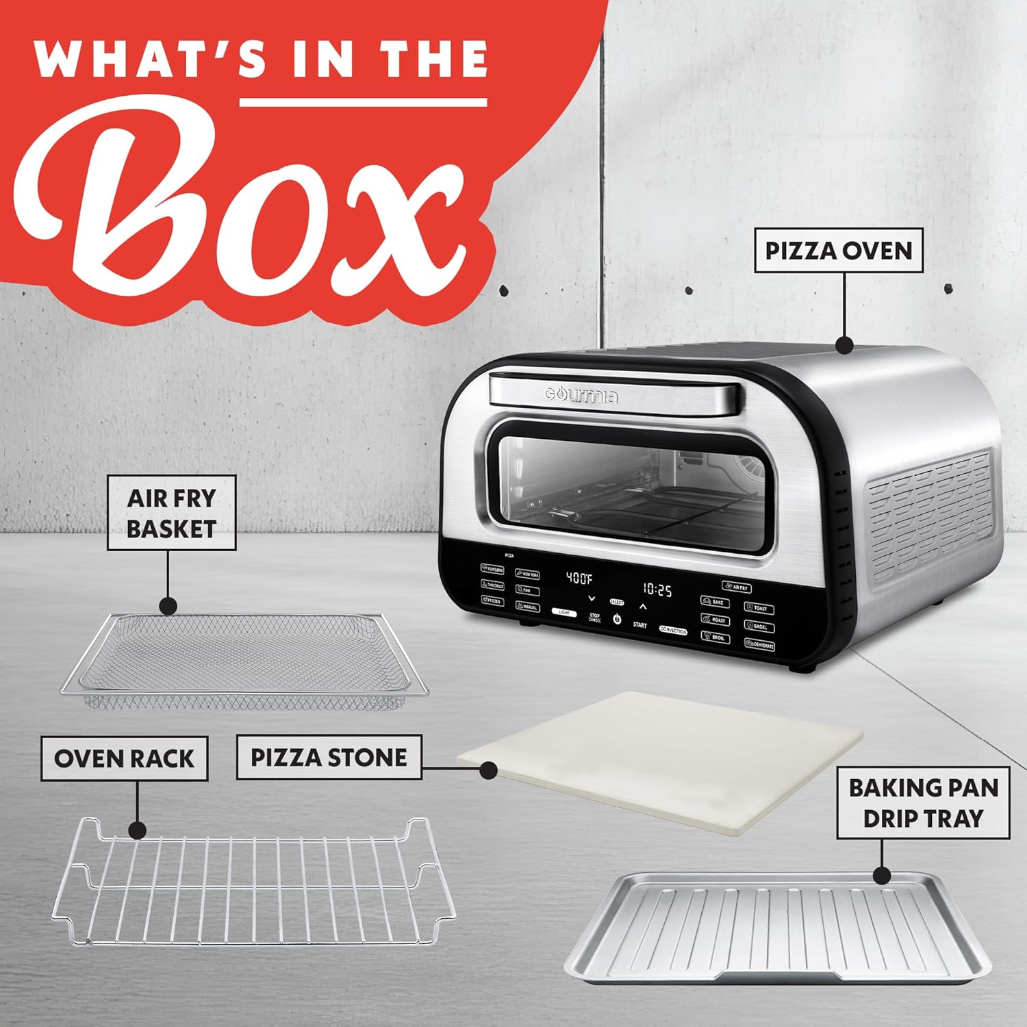Gourmia GPM1270A Indoor Pizza Oven Air Fryer Toaster – 1800W Countertop Multi-Cooker with Pizza Stone, Digital Controls & 6 Presets, Stainless Steel - Image 6