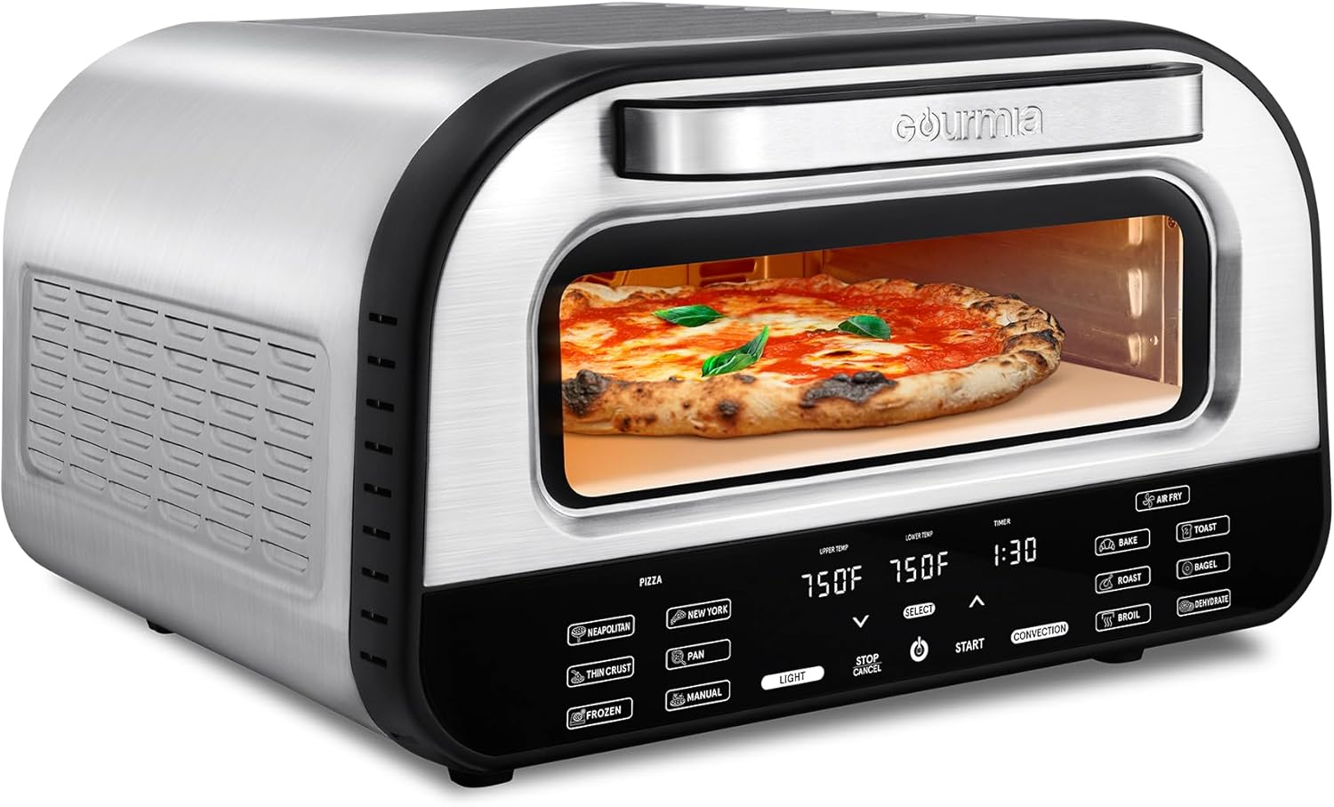 Gourmia GPM1270A Indoor Pizza Oven Air Fryer Toaster – 1800W Countertop Multi-Cooker with Pizza Stone, Digital Controls & 6 Presets, Stainless Steel