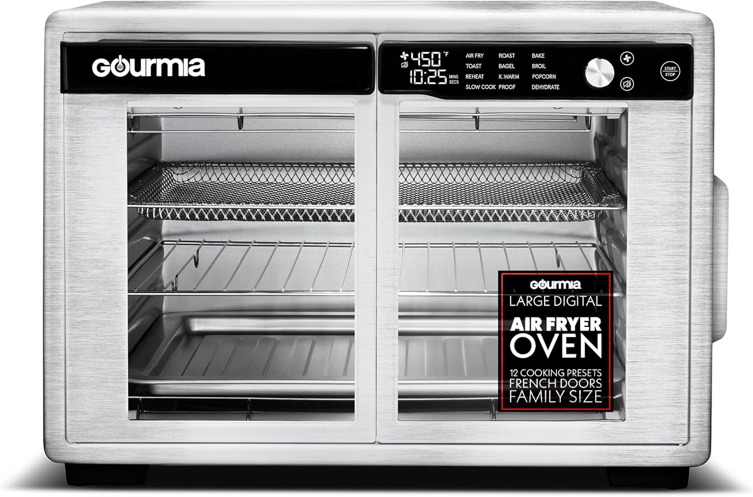 Gourmia GTF3588S French Door Air Fryer Oven – 37 Qt Large Capacity Convection Toaster Oven, FryForce 360°, Stainless Steel