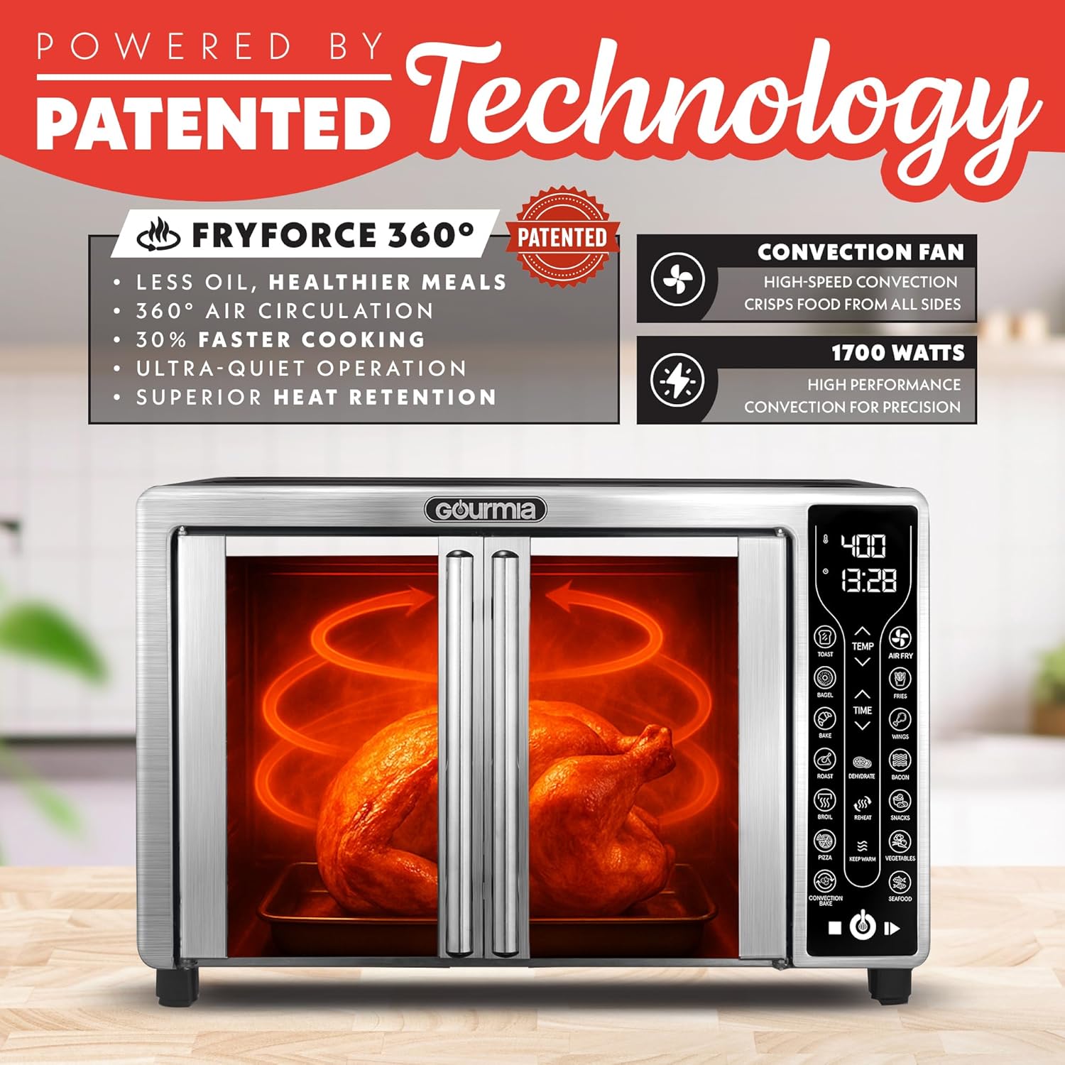 Gourmia GTF7655 French Door Air Fryer – 25 Qt Large Capacity Convection Oven, Fryfroce 360°, Digital Display - Image 10