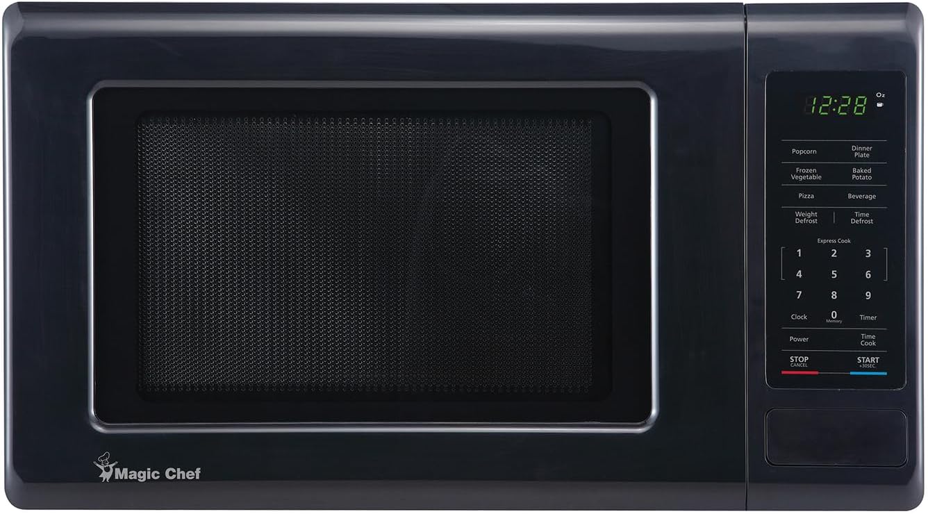 Magic Chef MC99MB 0.9 Cubic Feet 900 Watt Stainless Countertop Microwave Oven for Compact Spaces with 6 Pre Programmed Cooking Modes, Black