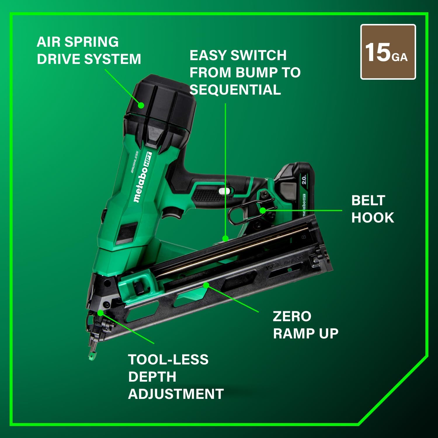 Metabo HPT NT1865DAA 18V MultiVolt Brushless Pro 15-GA Angled Finish Nailer Kit, 15 Gauge Finish Nailer - Image 14