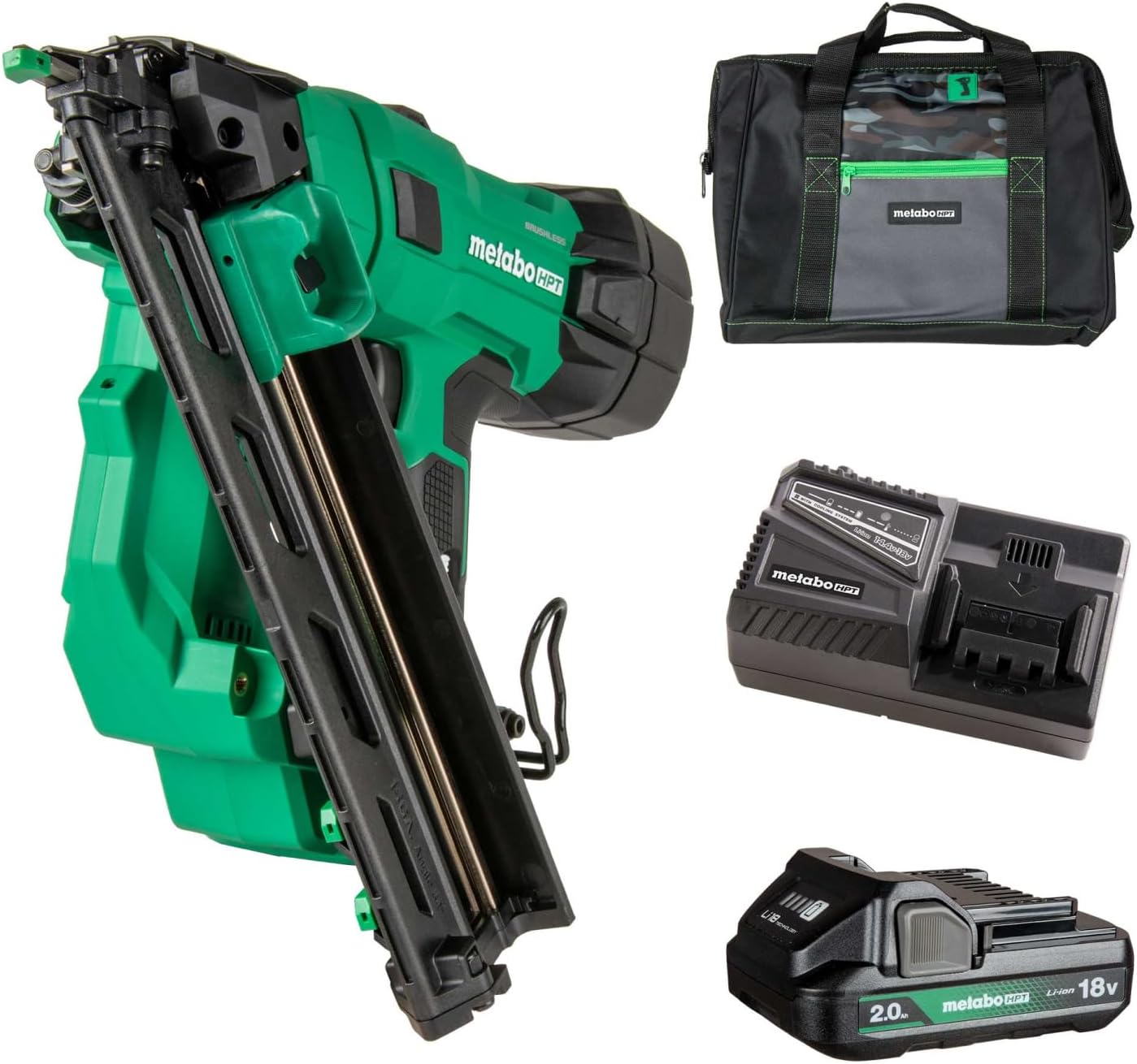 Metabo HPT NT1865DAA 18V MultiVolt Brushless Pro 15-GA Angled Finish Nailer Kit, 15 Gauge Finish Nailer