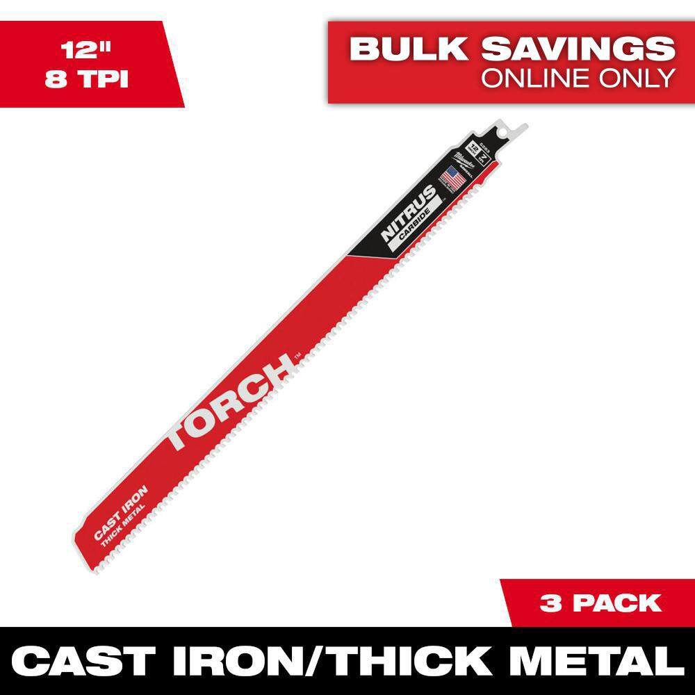 Milwaukee 48-00-5363 12 in. 8 TPI TORCH Nitrus Carbide Teeth Metal Cutting SAWZALL Reciprocating Saw Blade (3-Pack)