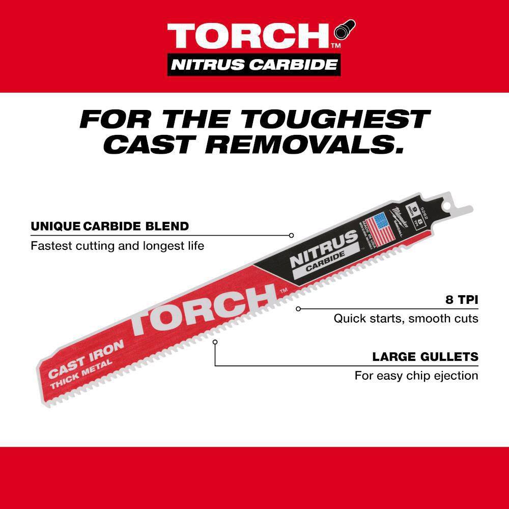 Milwaukee 48-00-5363 12 in. 8 TPI TORCH Nitrus Carbide Teeth Metal Cutting SAWZALL Reciprocating Saw Blade (3-Pack) - Image 4
