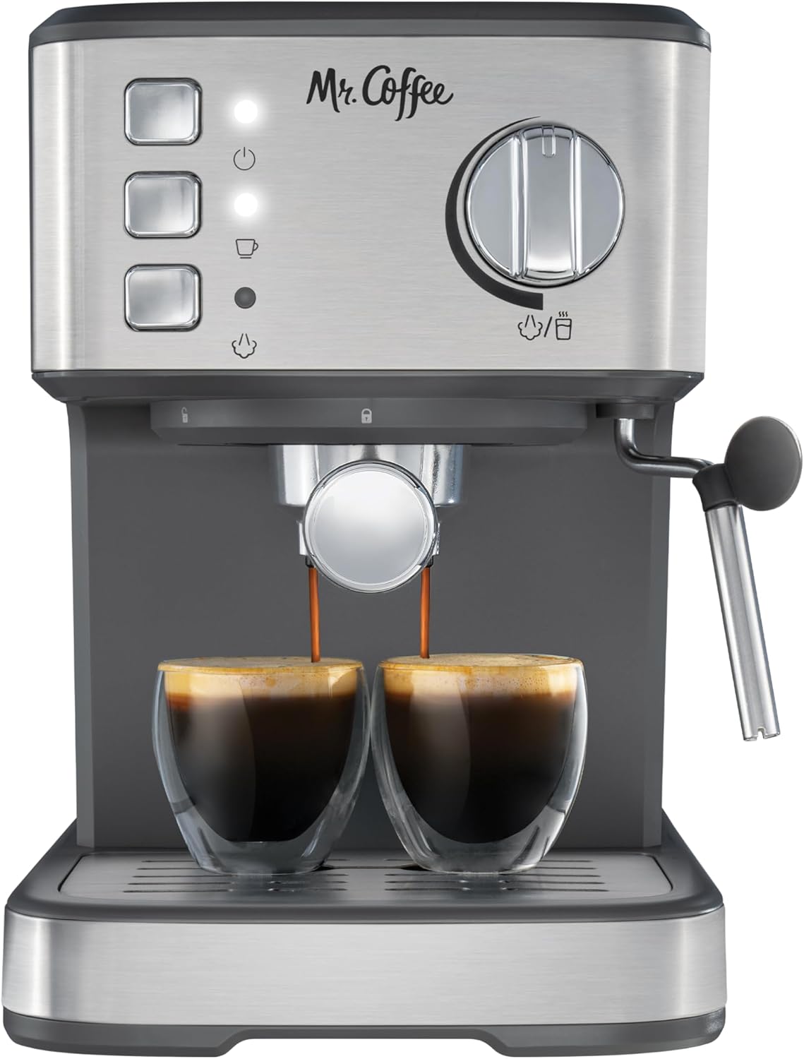 Mr. Coffee 2213533 Compact Espresso Maker, Espresso Machine With Steam Wand, 15-Bar Pump Automatic Espresso Machine
