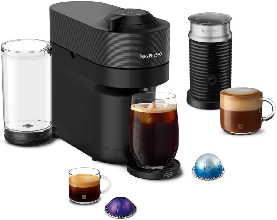 Nespresso ENV92BAE Vertuo Pop+ Coffee and Espresso Machine by De’Longhi with Aeroccino Milk Frother, Liquorice Black