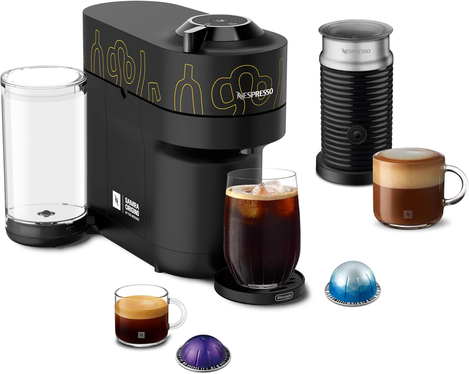 Nespresso ENV92SBAE Vertuo Pop+ Coffee and Espresso Maker by De’Longhi, Samra Origins by The Weeknd Vertuo Buna Yellow Aeroccino3 milk frother