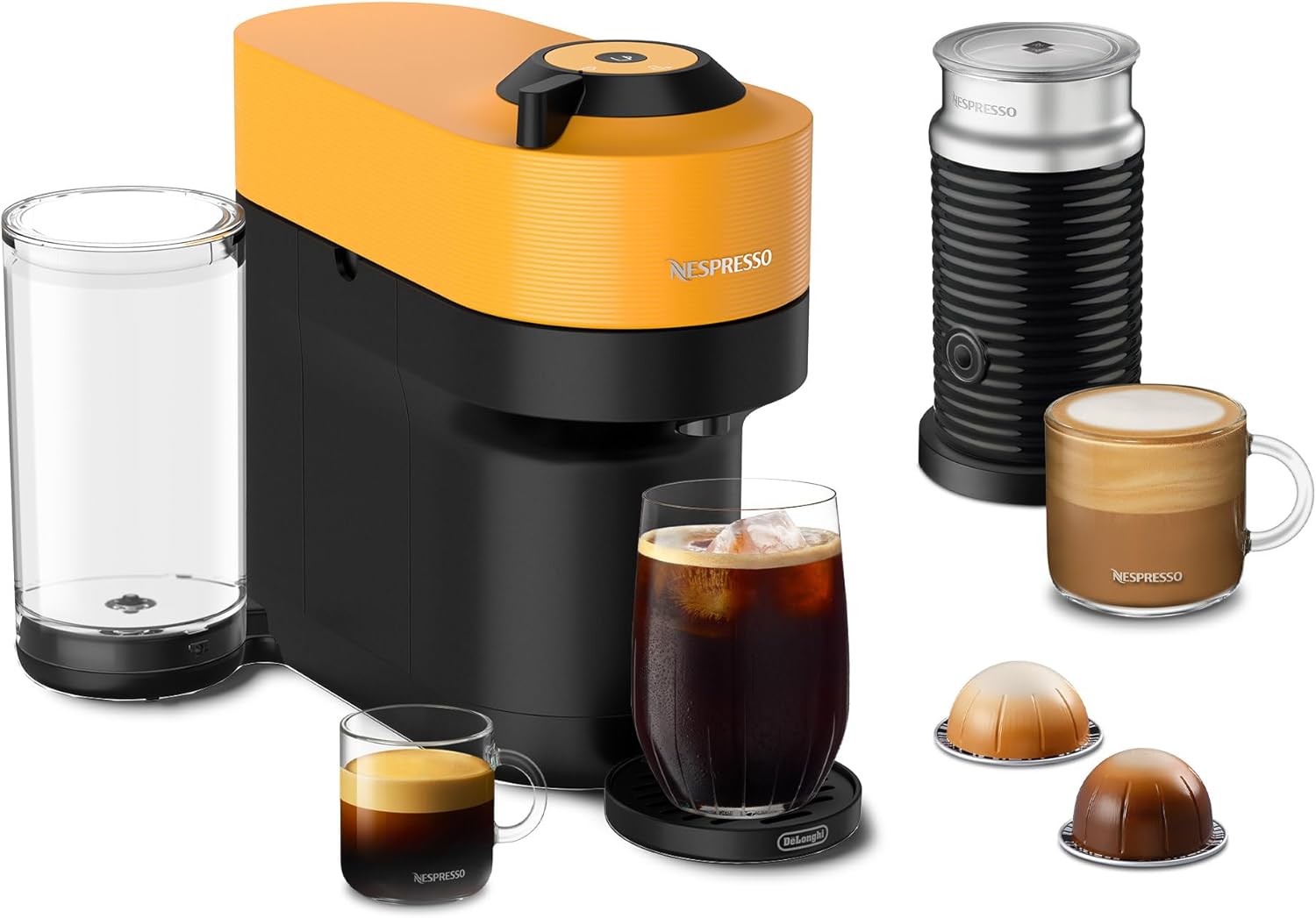 Nespresso ENV92YAE Vertuo Pop+ Espresso Machine by De’Longhi with Aeroccino, 1500 watts, Mango Yellow