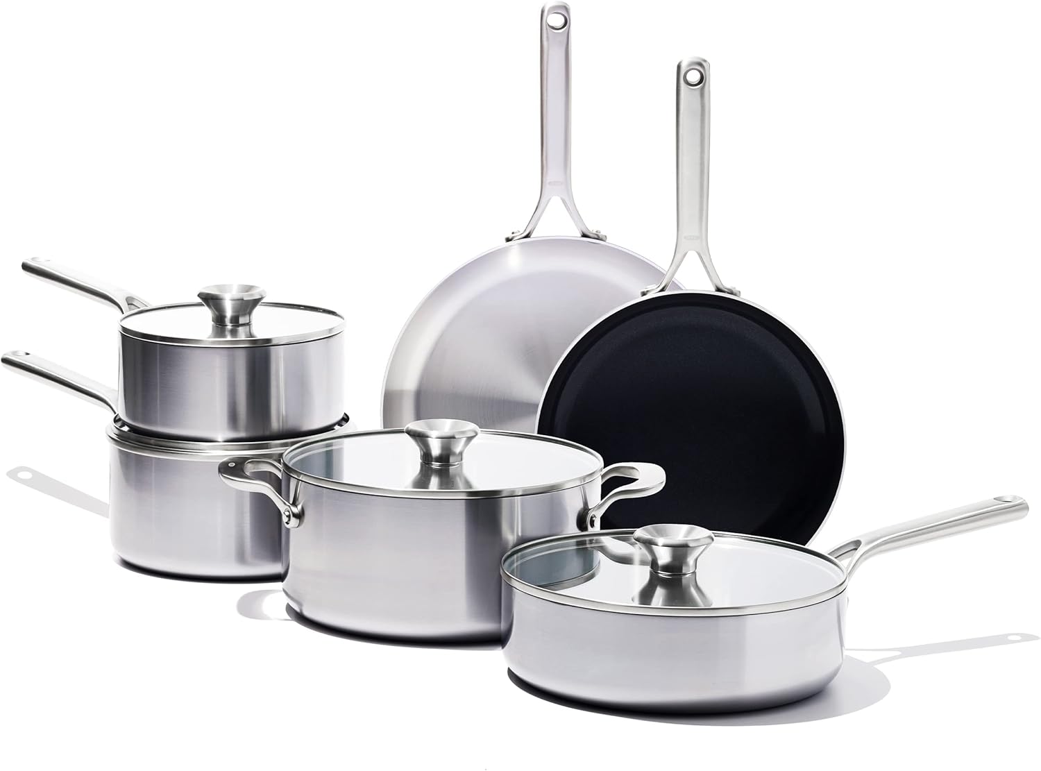 OXO CC005892-001 Mira Tri-ply Stainless Steel, 10 Piece Cookware Pots and Pans Set, Skillets, Saute, Saucepans
