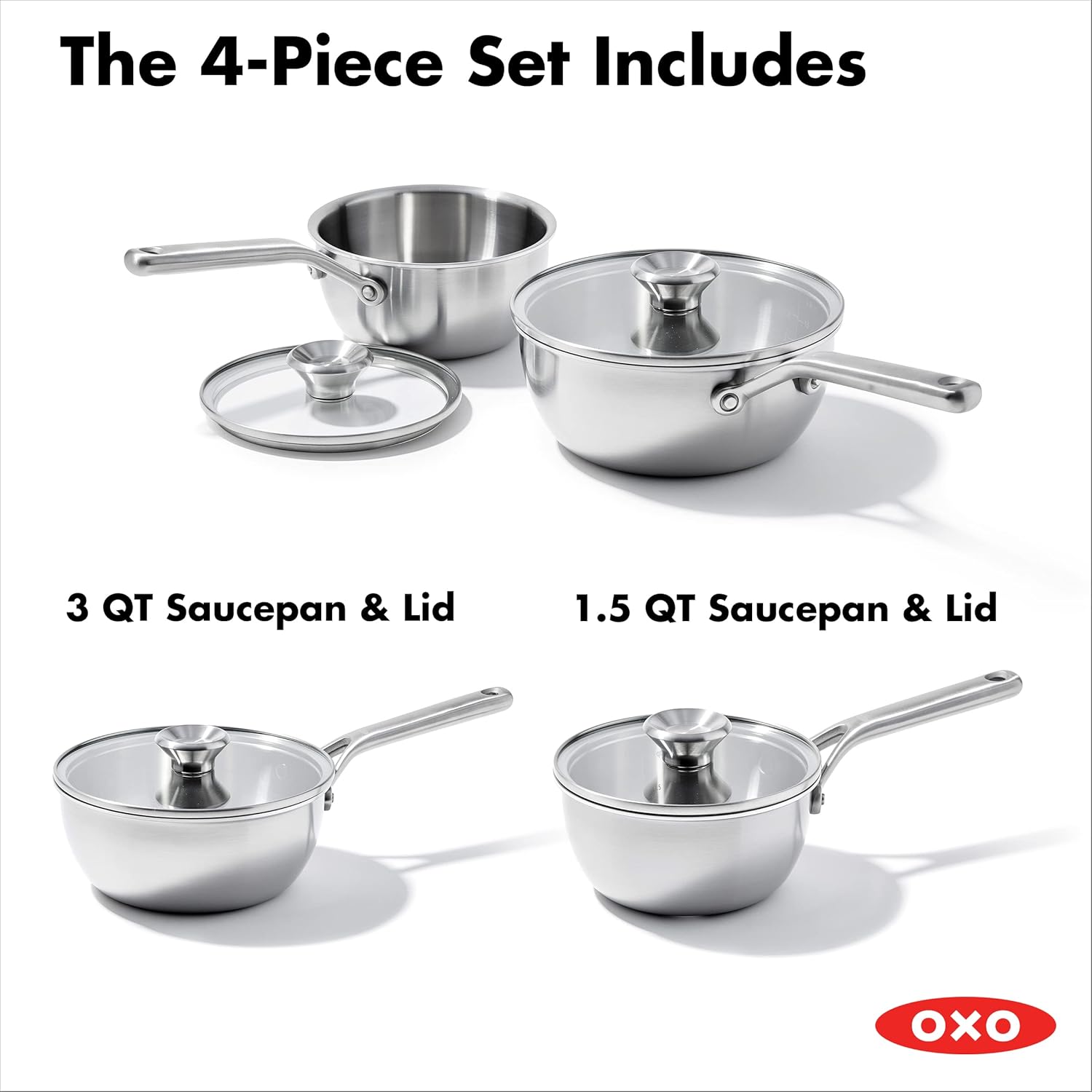 OXO CC006226-001 Mira Tri-Ply Stainless Steel, 1.5QT and 3.57QT Chef’s Pan Set with Lids, PFAS-Free, Multi Clad, Silver - Image 2