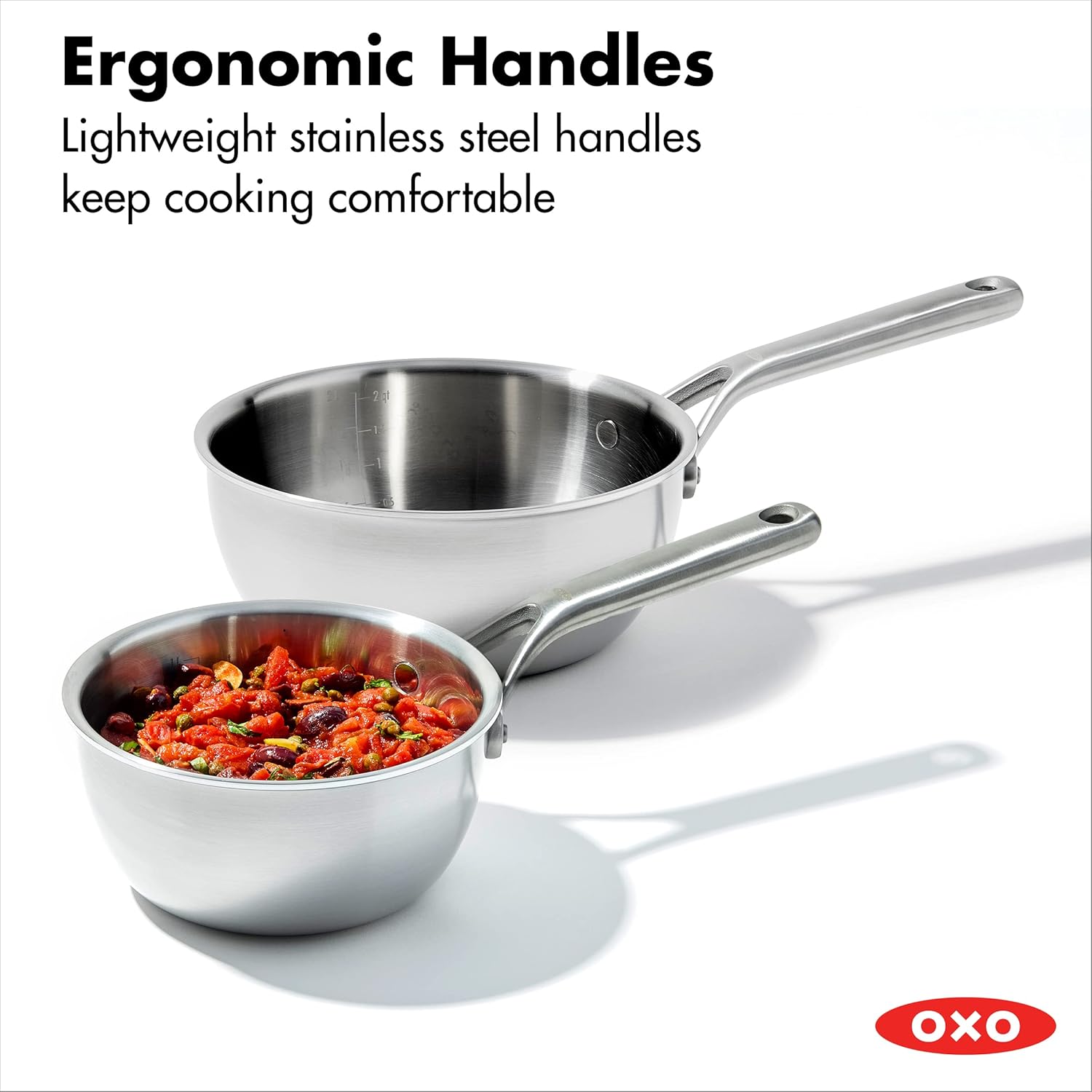 OXO CC006226-001 Mira Tri-Ply Stainless Steel, 1.5QT and 3.57QT Chef’s Pan Set with Lids, PFAS-Free, Multi Clad, Silver - Image 5