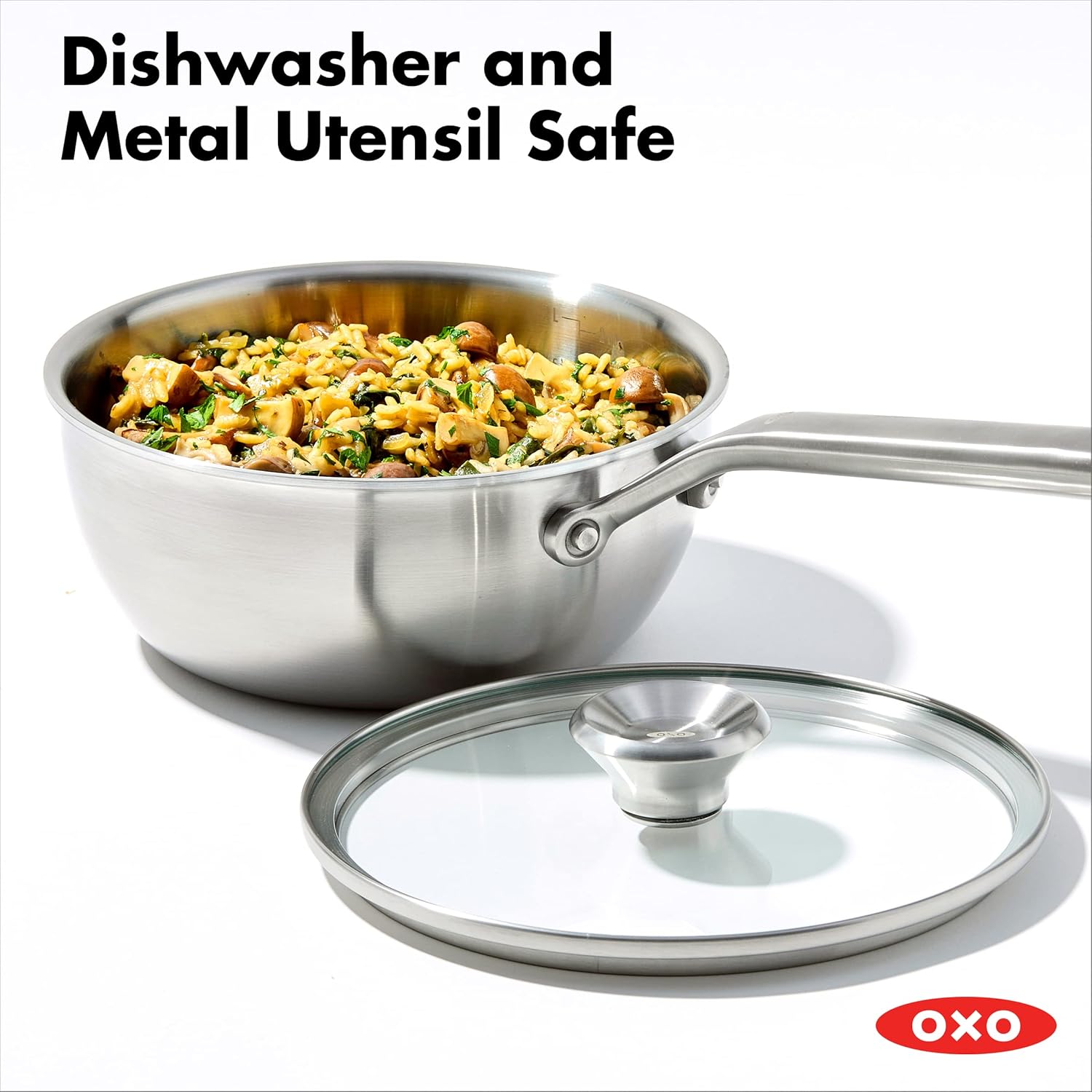 OXO CC006226-001 Mira Tri-Ply Stainless Steel, 1.5QT and 3.57QT Chef’s Pan Set with Lids, PFAS-Free, Multi Clad, Silver - Image 3