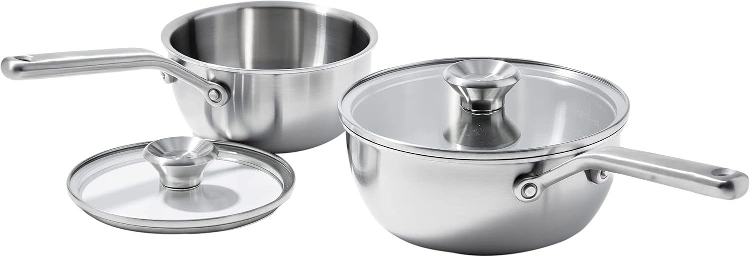 OXO CC006226-001 Mira Tri-Ply Stainless Steel, 1.5QT and 3.57QT Chef’s Pan Set with Lids, PFAS-Free, Multi Clad, Silver