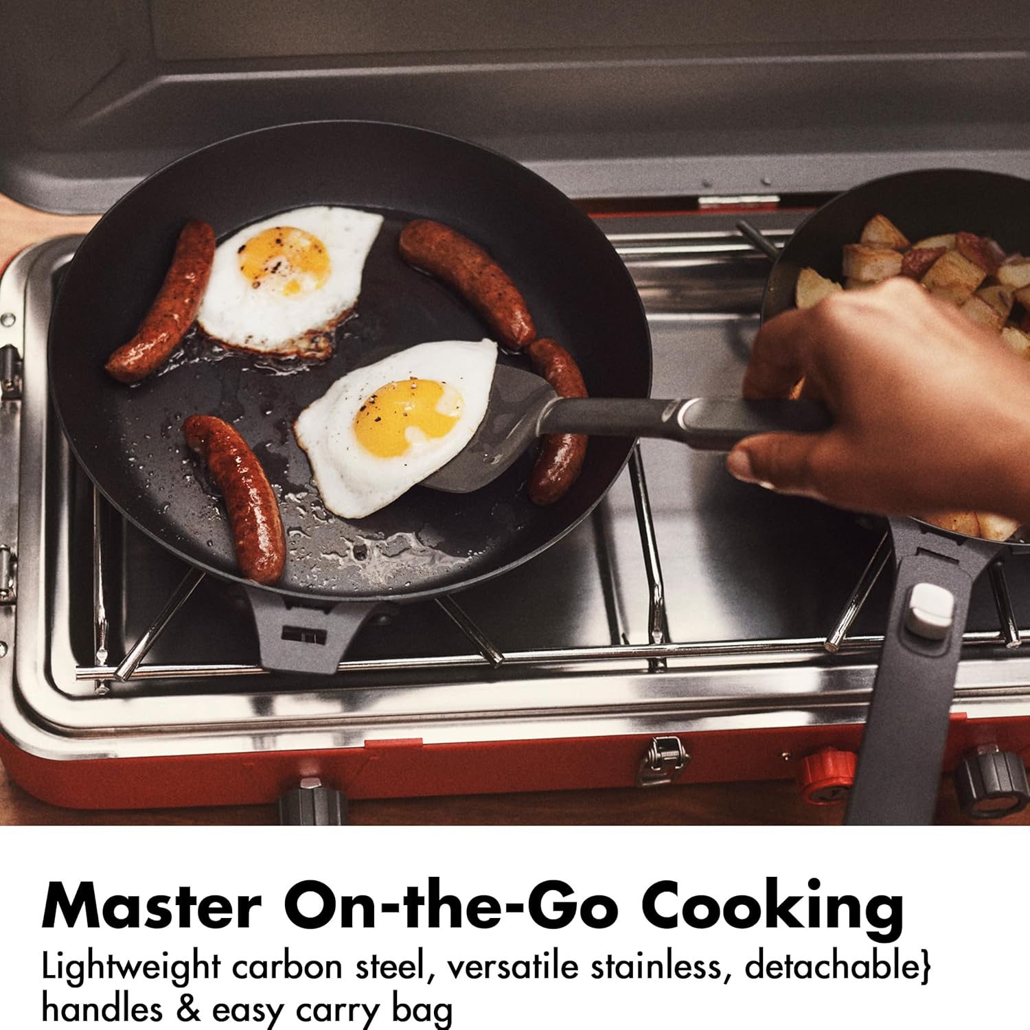 OXO CC008193-002 Outdoor 8 Piece Camping Cookware Set, 10″ Pre-Seasoned Carbon Steel Frying Pan Skillet - Image 2