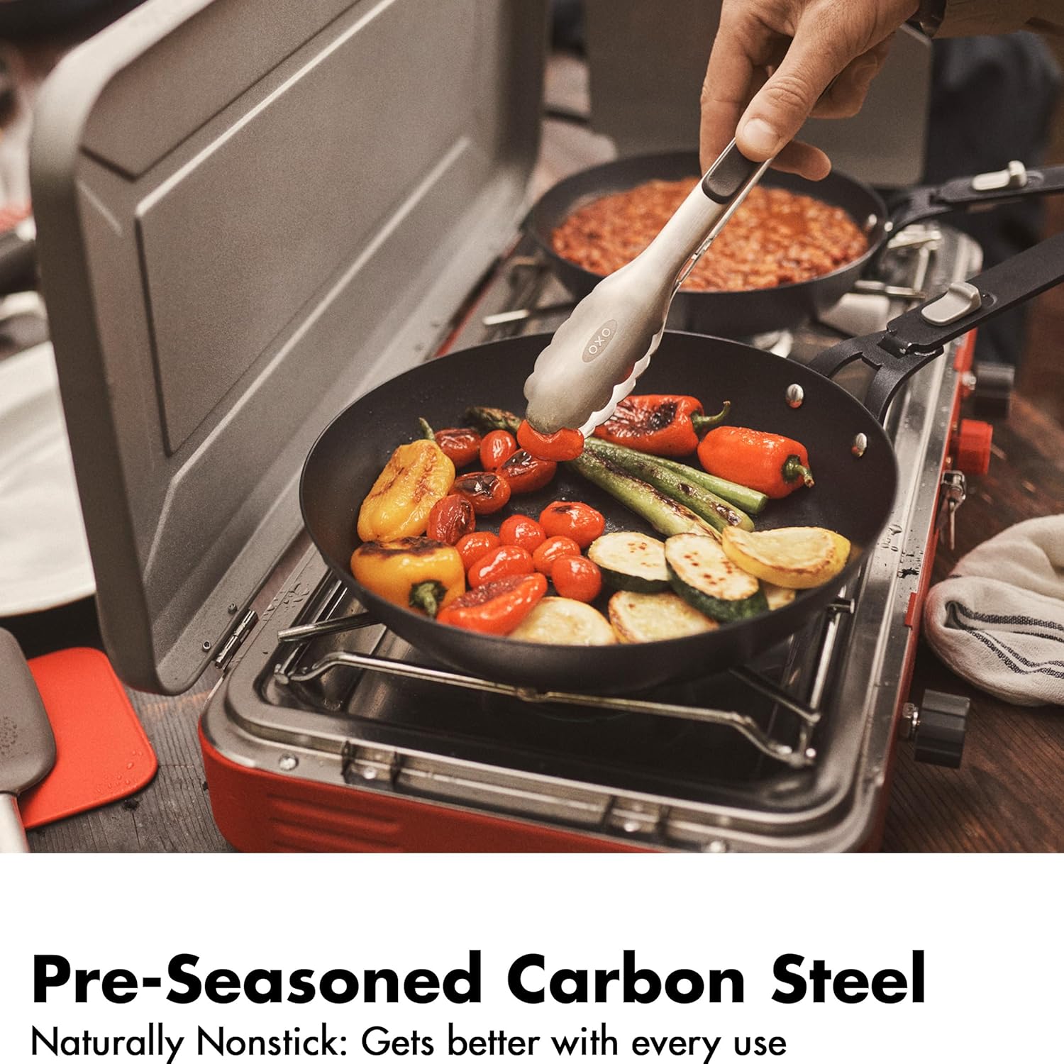 OXO CC008193-002 Outdoor 8 Piece Camping Cookware Set, 10″ Pre-Seasoned Carbon Steel Frying Pan Skillet - Image 5