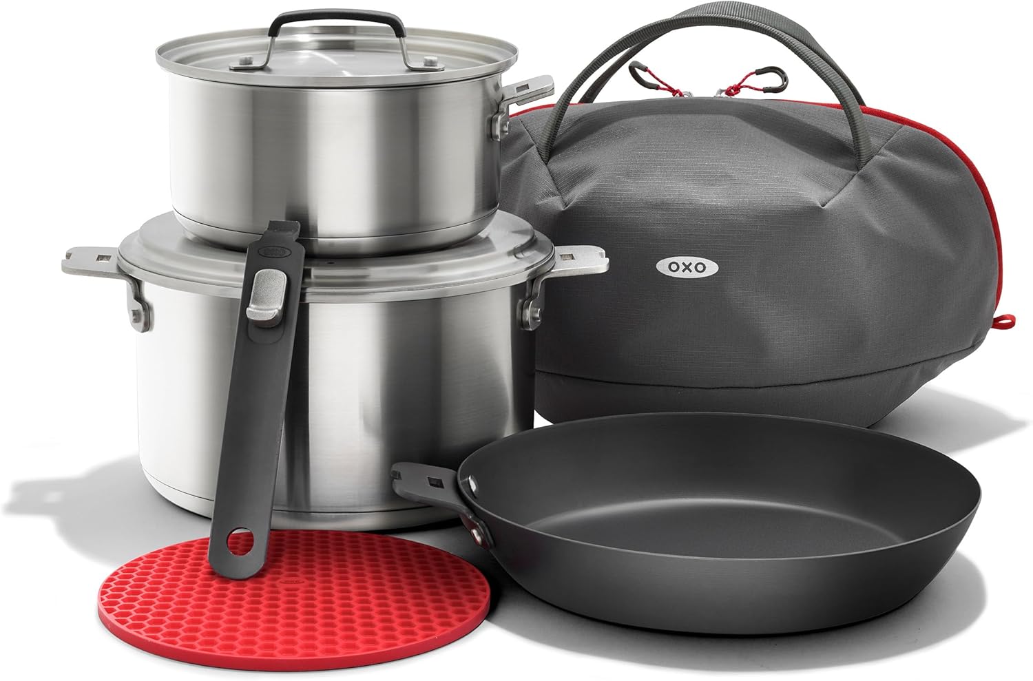 OXO CC008193-002 Outdoor 8 Piece Camping Cookware Set, 10″ Pre-Seasoned Carbon Steel Frying Pan Skillet
