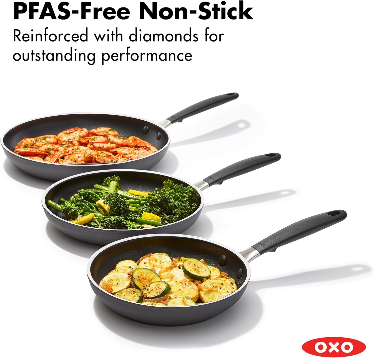 OXO CC010474-001 Non-Stick Every Day Frying Pan Set, BPA-Free Comfort Grip Silicone Handles, Black, 8”, 10” & 12” - Image 2