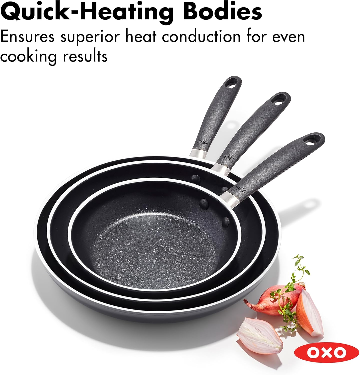 OXO CC010474-001 Non-Stick Every Day Frying Pan Set, BPA-Free Comfort Grip Silicone Handles, Black, 8”, 10” & 12” - Image 7