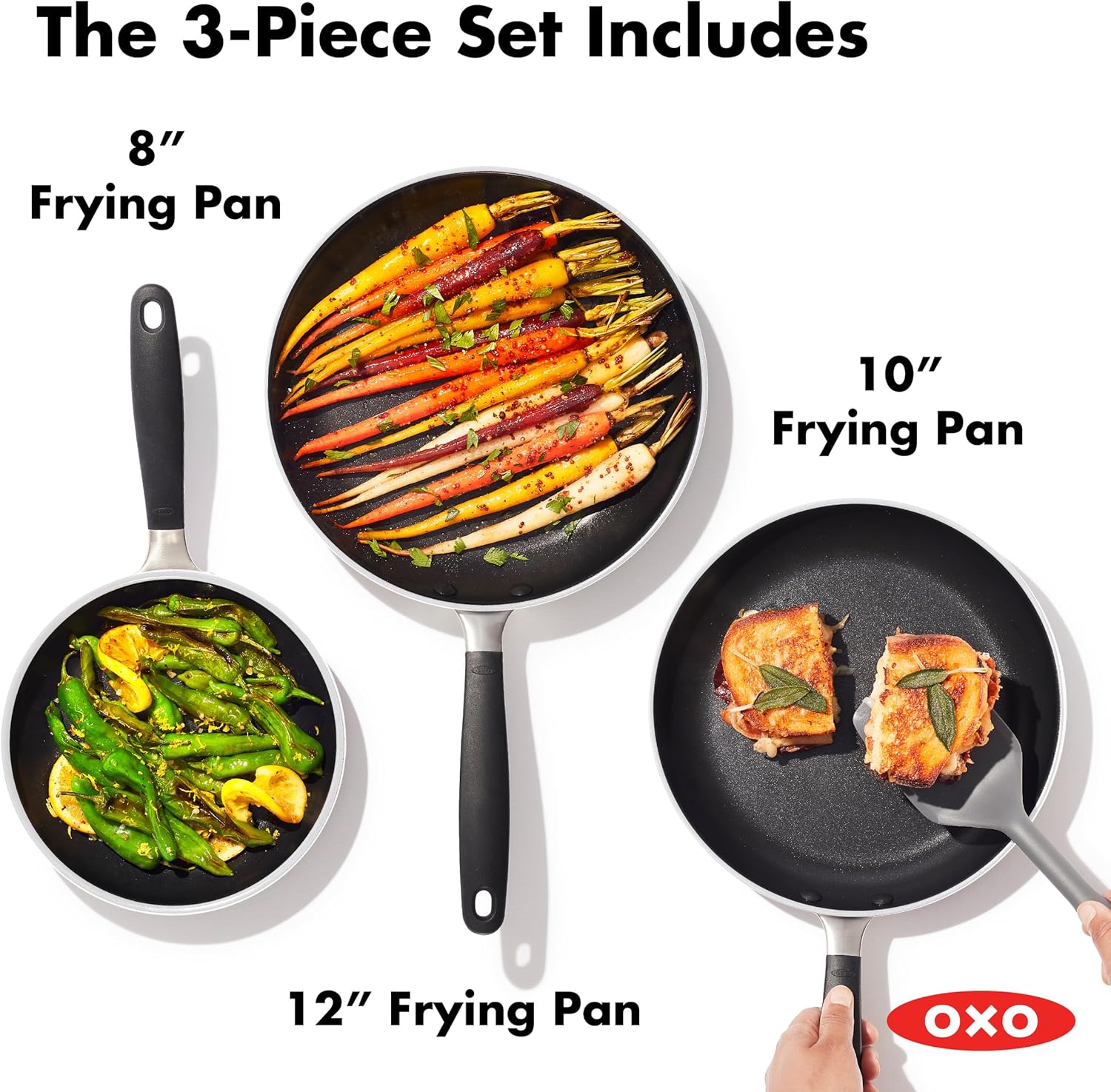 OXO CC010474-001 Non-Stick Every Day Frying Pan Set, BPA-Free Comfort Grip Silicone Handles, Black, 8”, 10” & 12” - Image 6