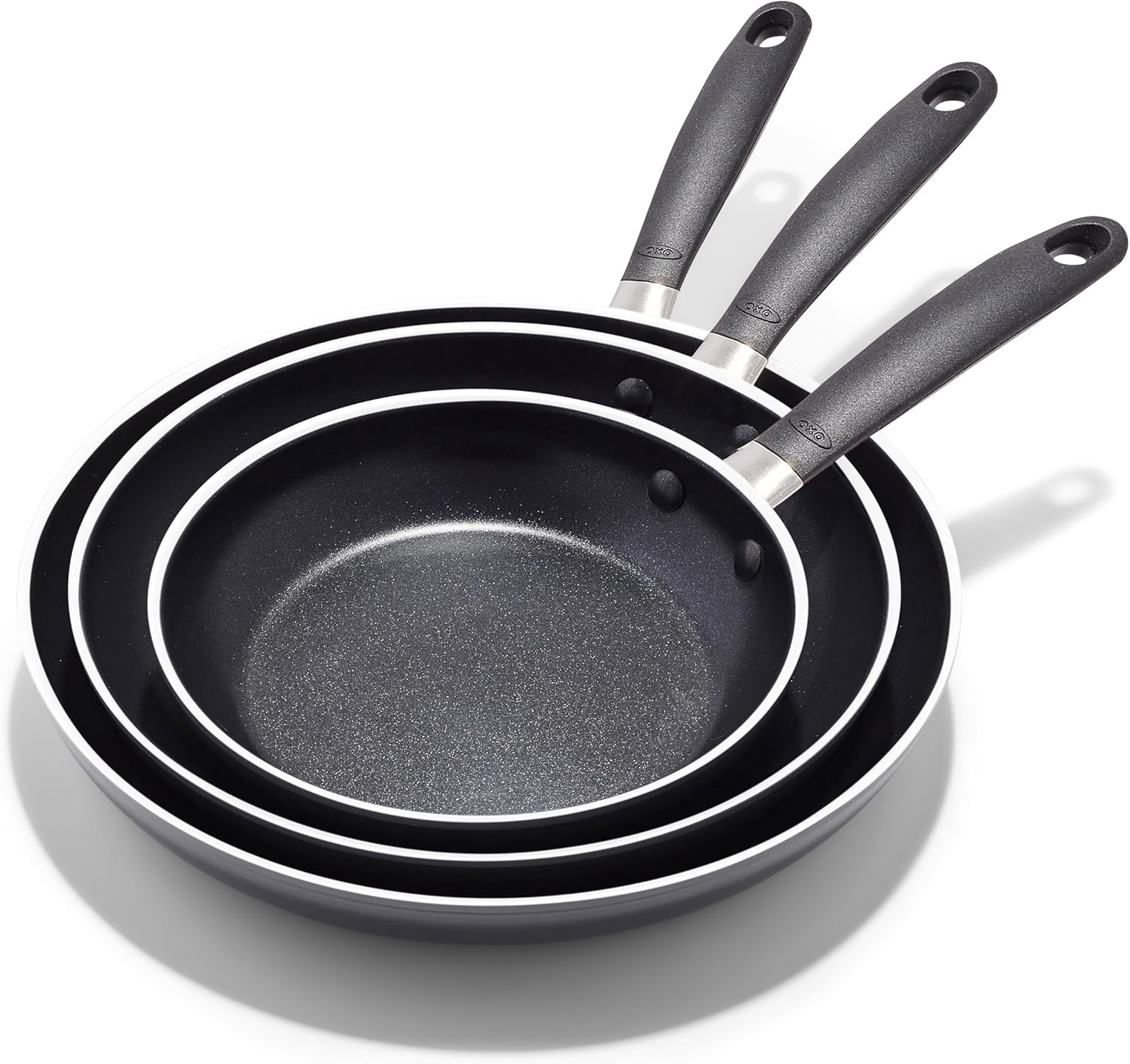 OXO CC010474-001 Non-Stick Every Day Frying Pan Set, BPA-Free Comfort Grip Silicone Handles, Black, 8”, 10” & 12”