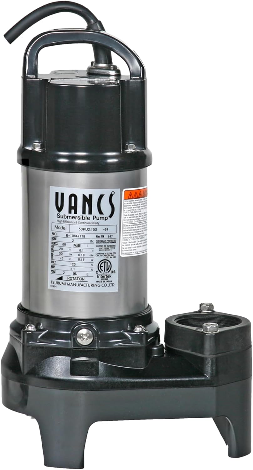 Tsurumi Pump 2PU Submersible Pond Pump/Waterfall Pump 1/5 HP 115V 2 in Discharge Ideal Water Feature Pump for Ponds, Fountains, Waterfalls | 50 GPM / 3000 GPH