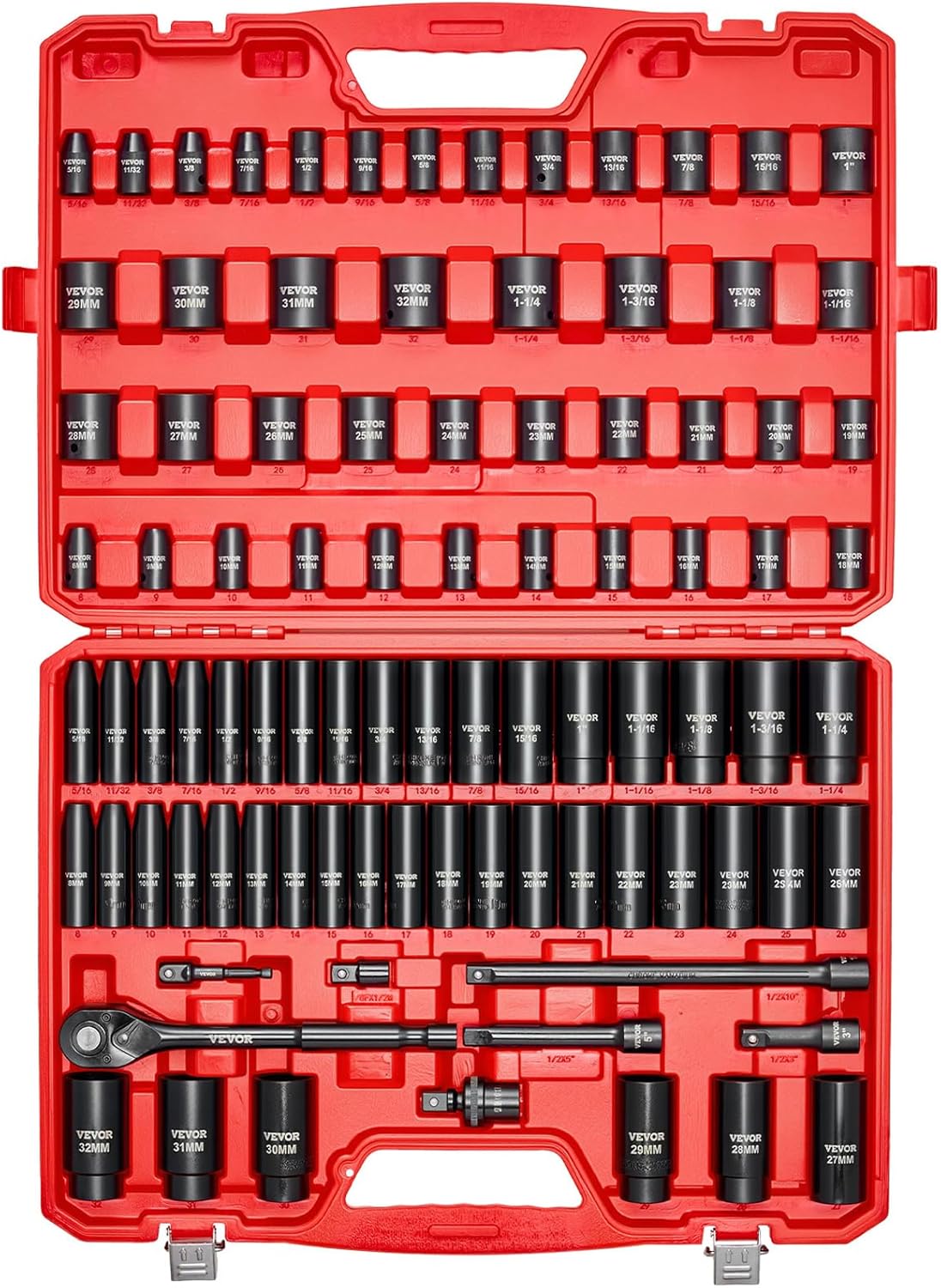 VEVOR 69300004 91-Piece 1/2″ Drive Impact Socket Set, SAE (5/16″ to 1-1/4″) & Metric (8 to 32 mm)