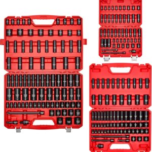 VEVOR 69300008 1/4 & 3/8 & 1/2 Inch Drive Impact Socket Set, 210-Piece Metric and Standard Full Sockets, Deep & Shallow
